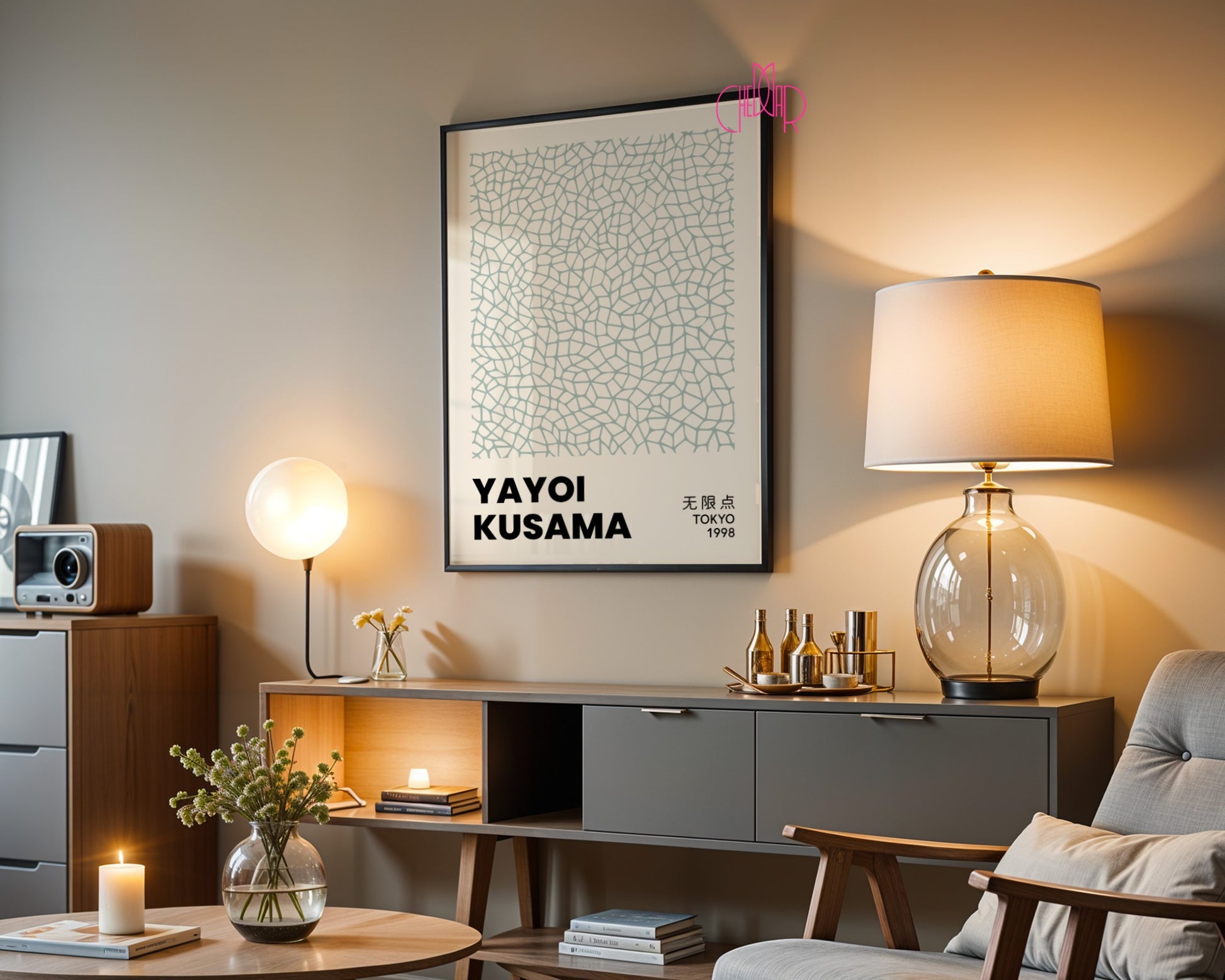 Plakat Yayoi Kusama, Zielone sieci na beżowym tle, Tokyo 1998