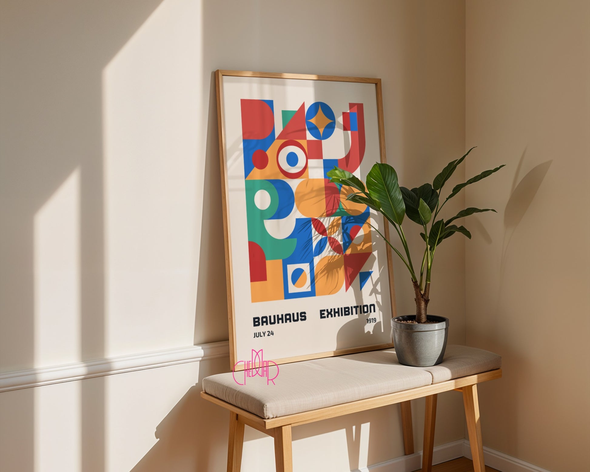 Plakat Bauhaus – Kolorowe abstrakcyjne kształty na beżowym tle, wystawa 1919