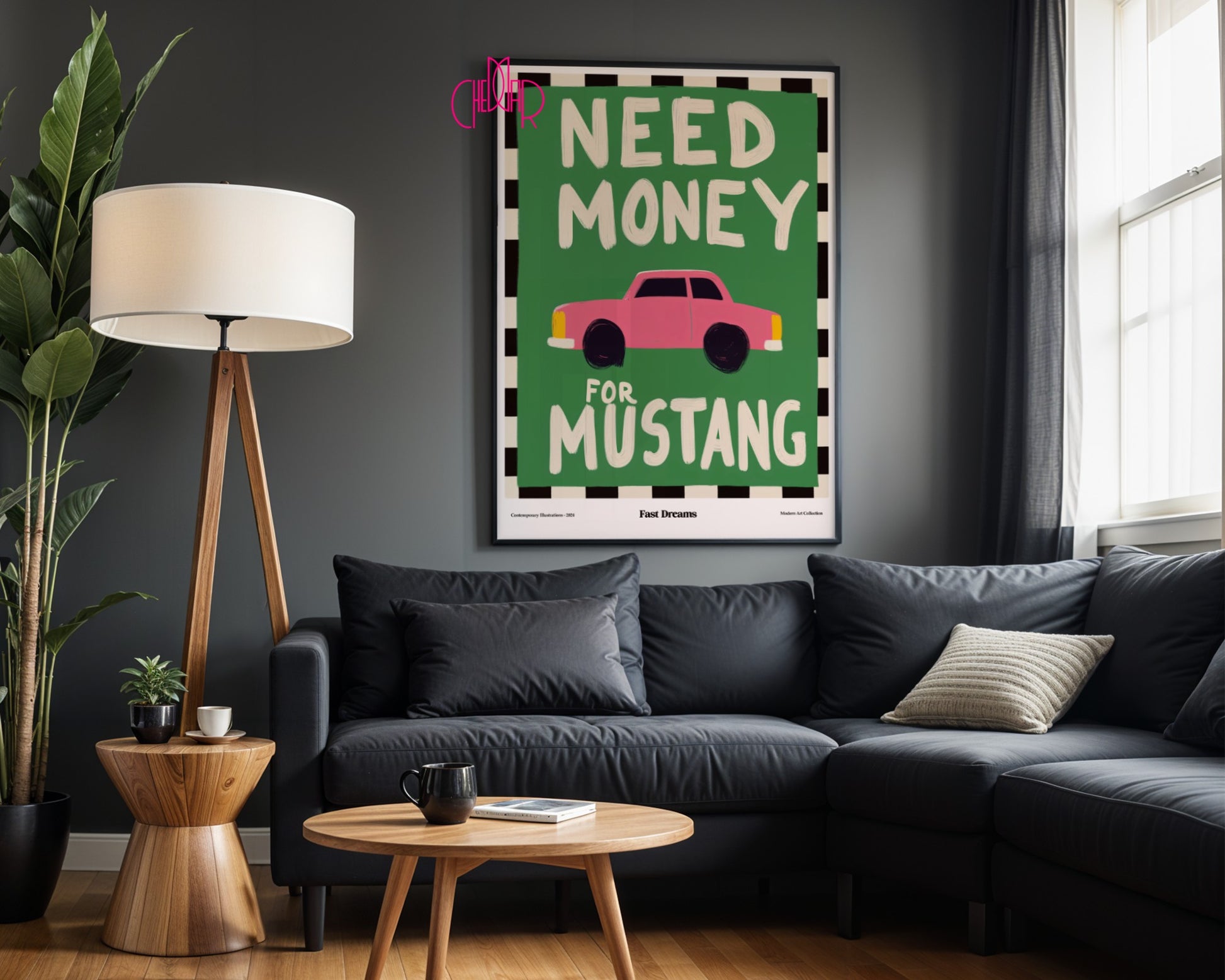 Plakat Need Money For Mustang, szybkie marzenia, modernizm