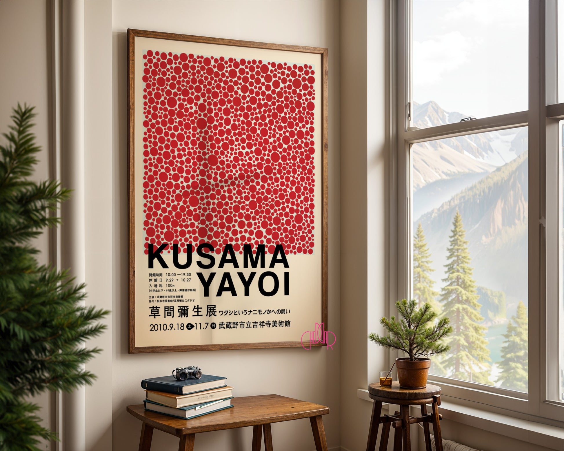 Plakat Yayoi Kusama, Red Polka Dots, beżowe tło