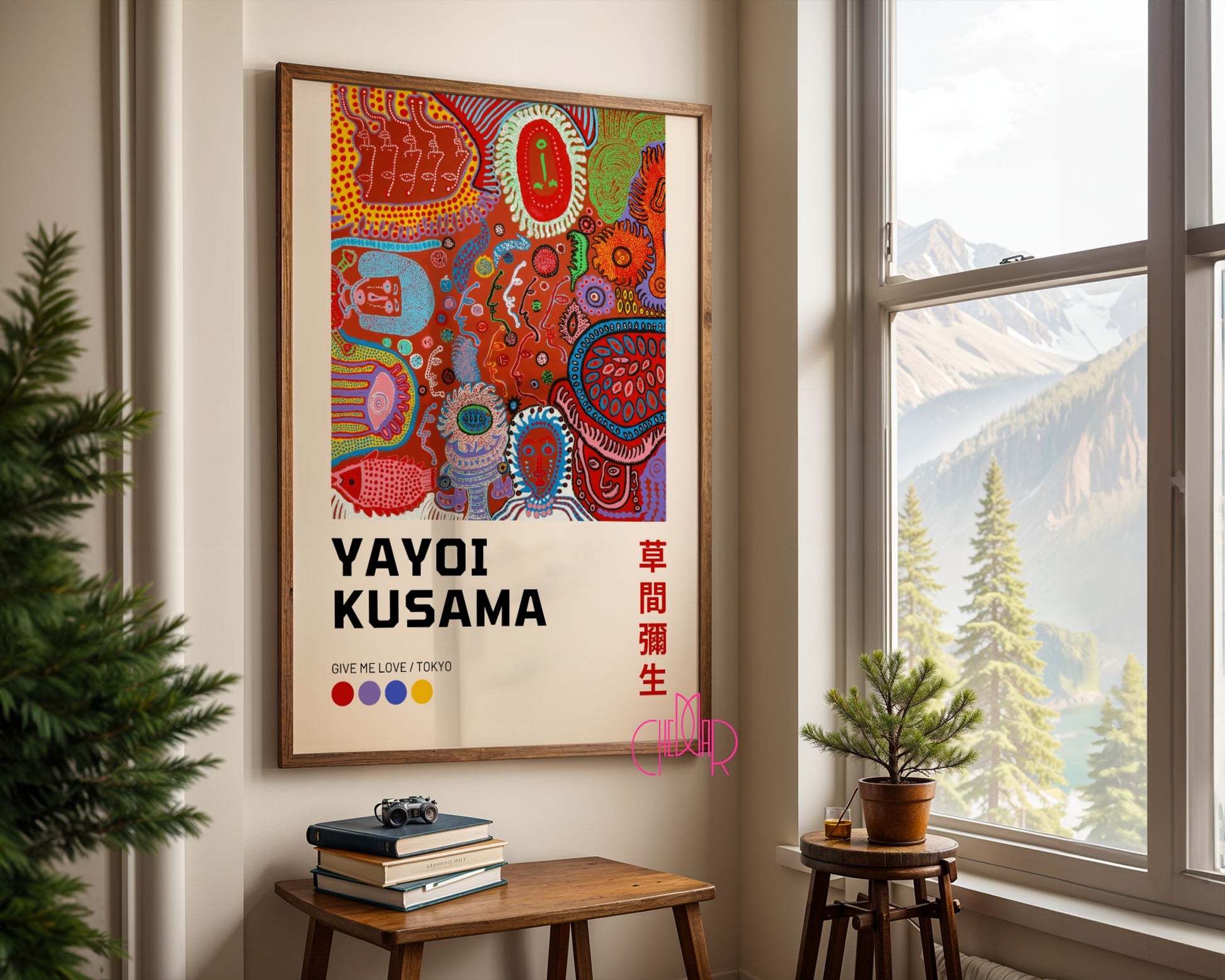 Plakat Yayoi Kusama Give me love Tokyo, kolorowe kształty, geometria