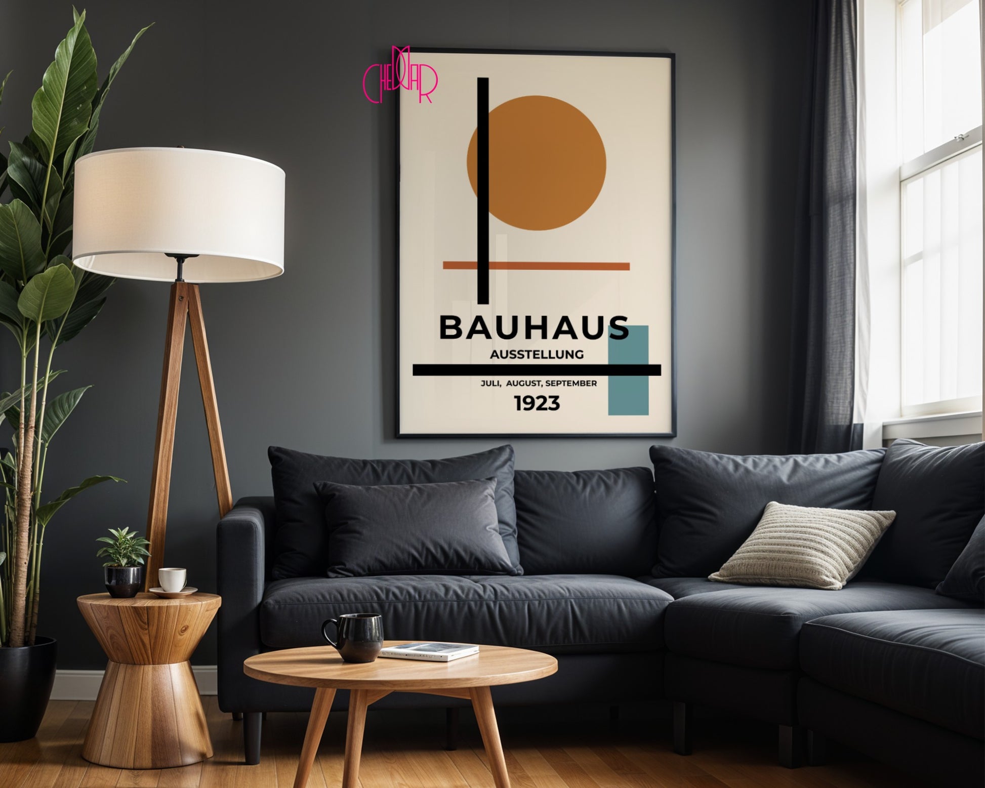 Plakat Bauhaus pomarańczowa kropka na beżowym tle, modernizm