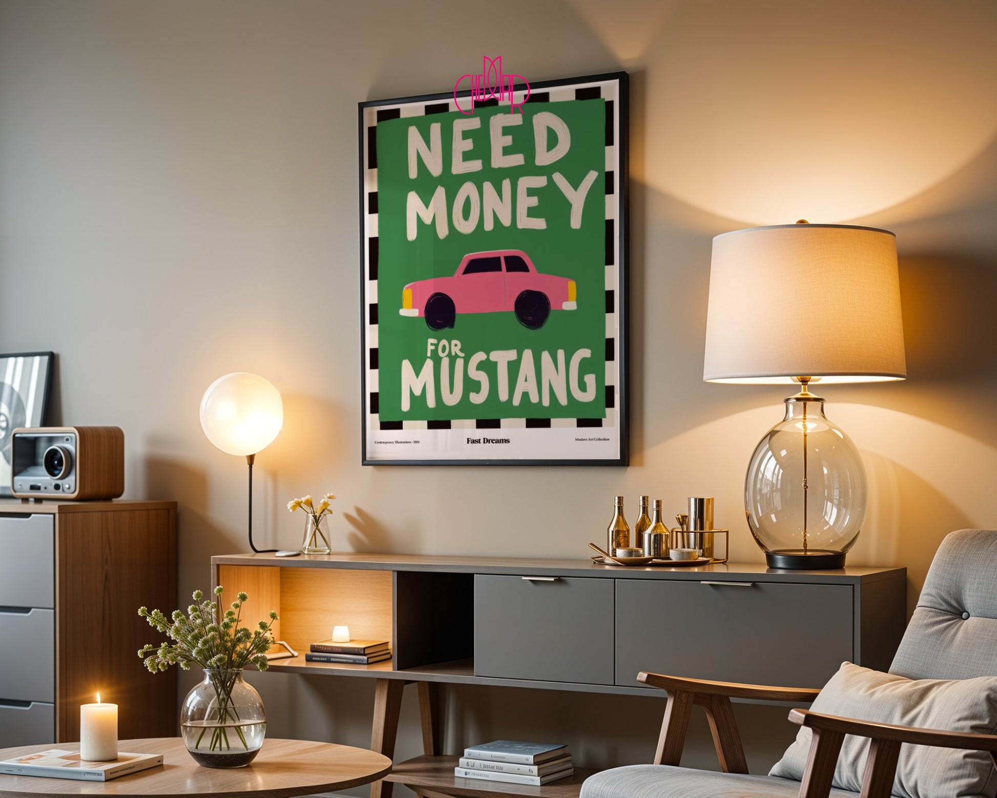 Plakat Need Money For Mustang, szybkie marzenia, modernizm