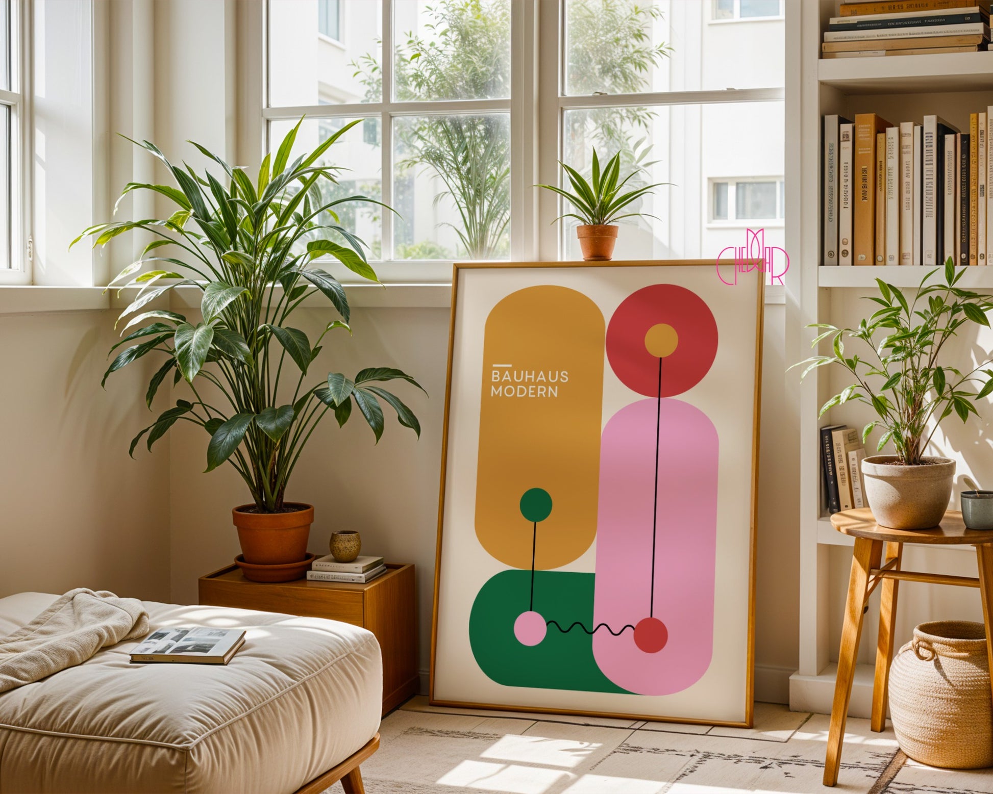 Plakat Bauhaus – Kolorowe geometryczne kształty na beżowym tle, modernizm