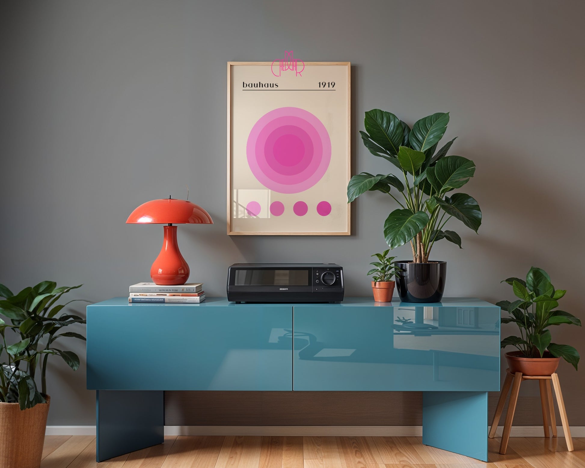 Plakat Bauhaus różowe koło energii na beżowym tle, retro