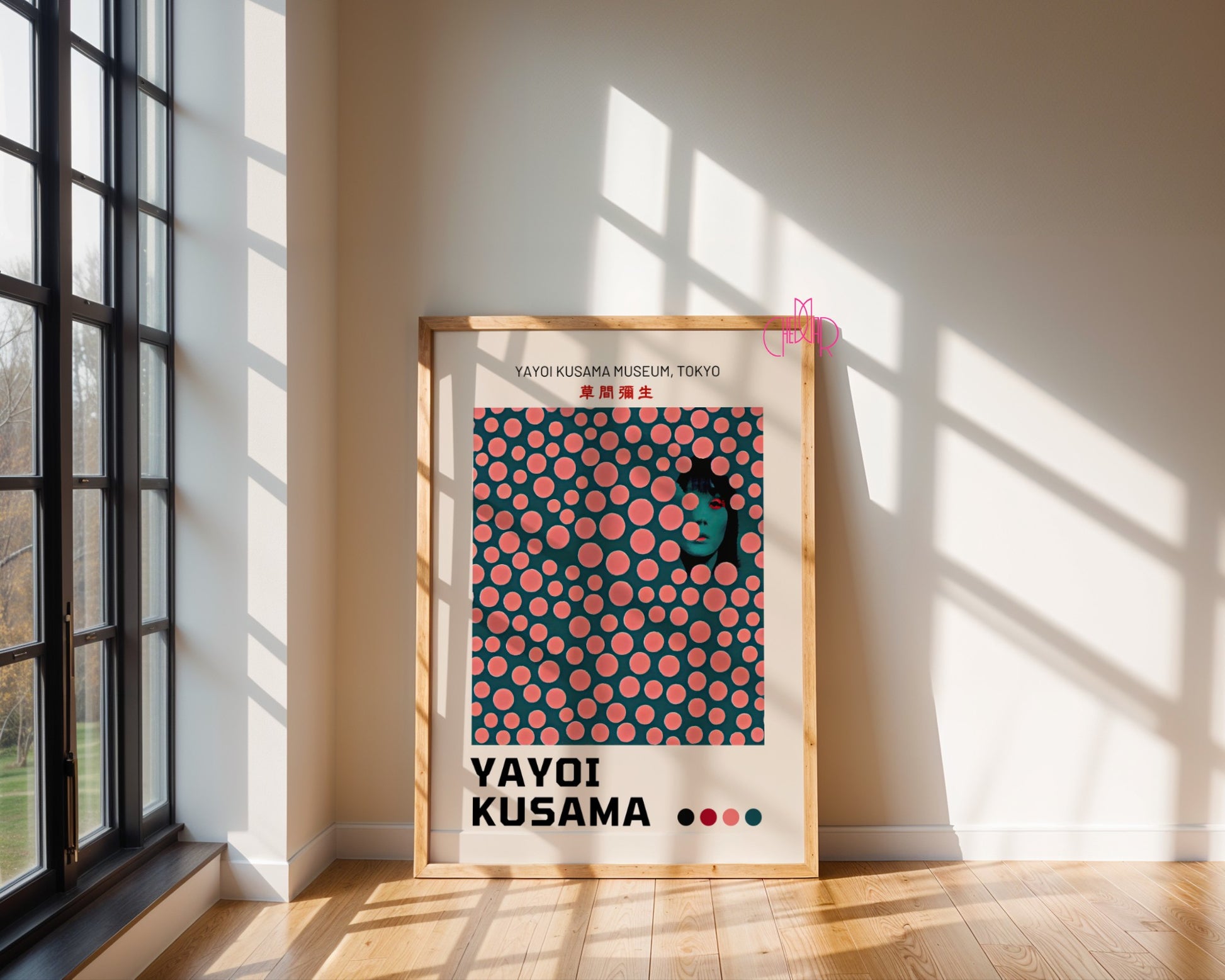 Plakat Yayoi Kusama, modernizm, różowe kropki na zielonym tle, Tokyo