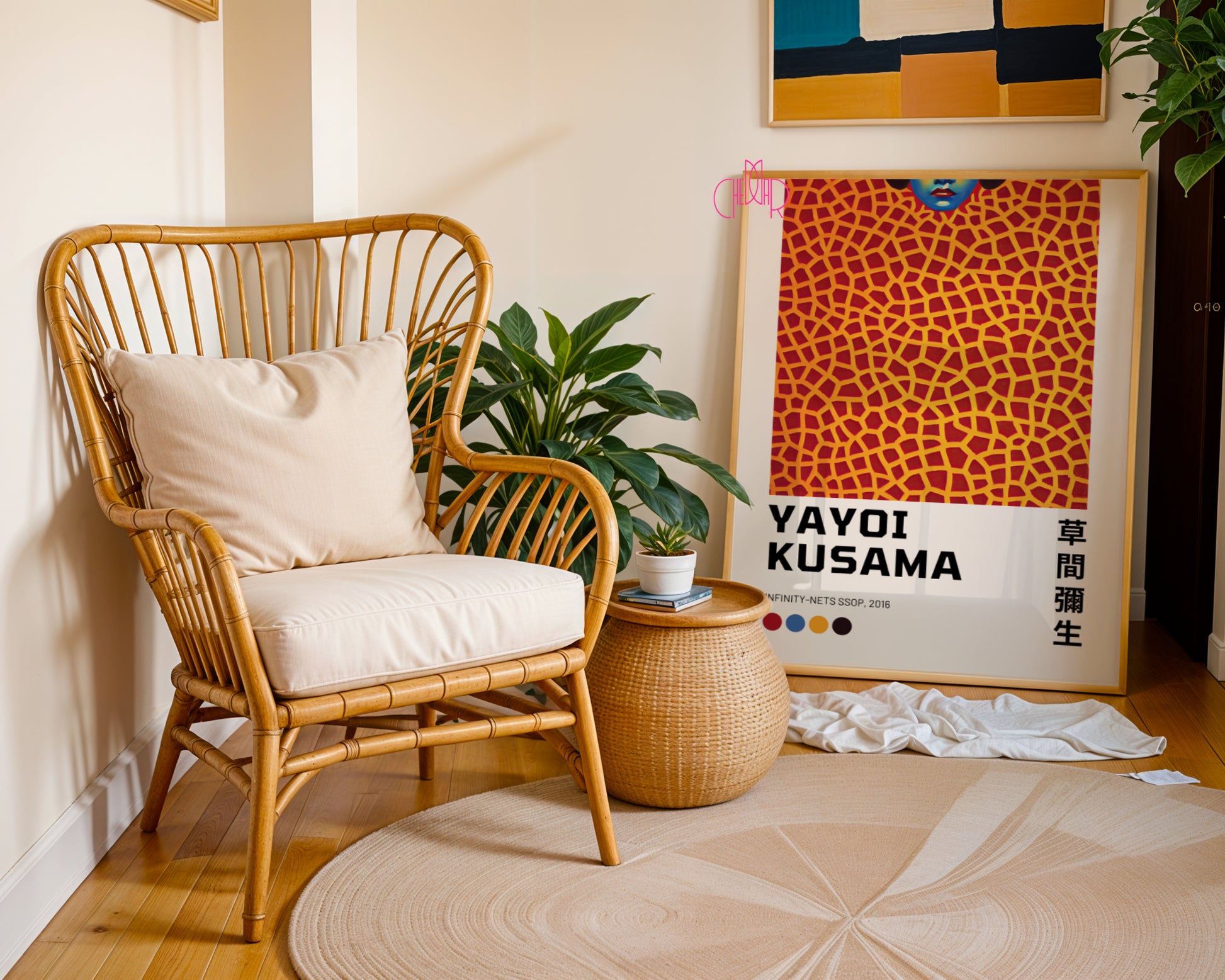 Plakat Yayoi Kusama, Twarz z pomarańczowymi liniami, Żyrafa, 2016