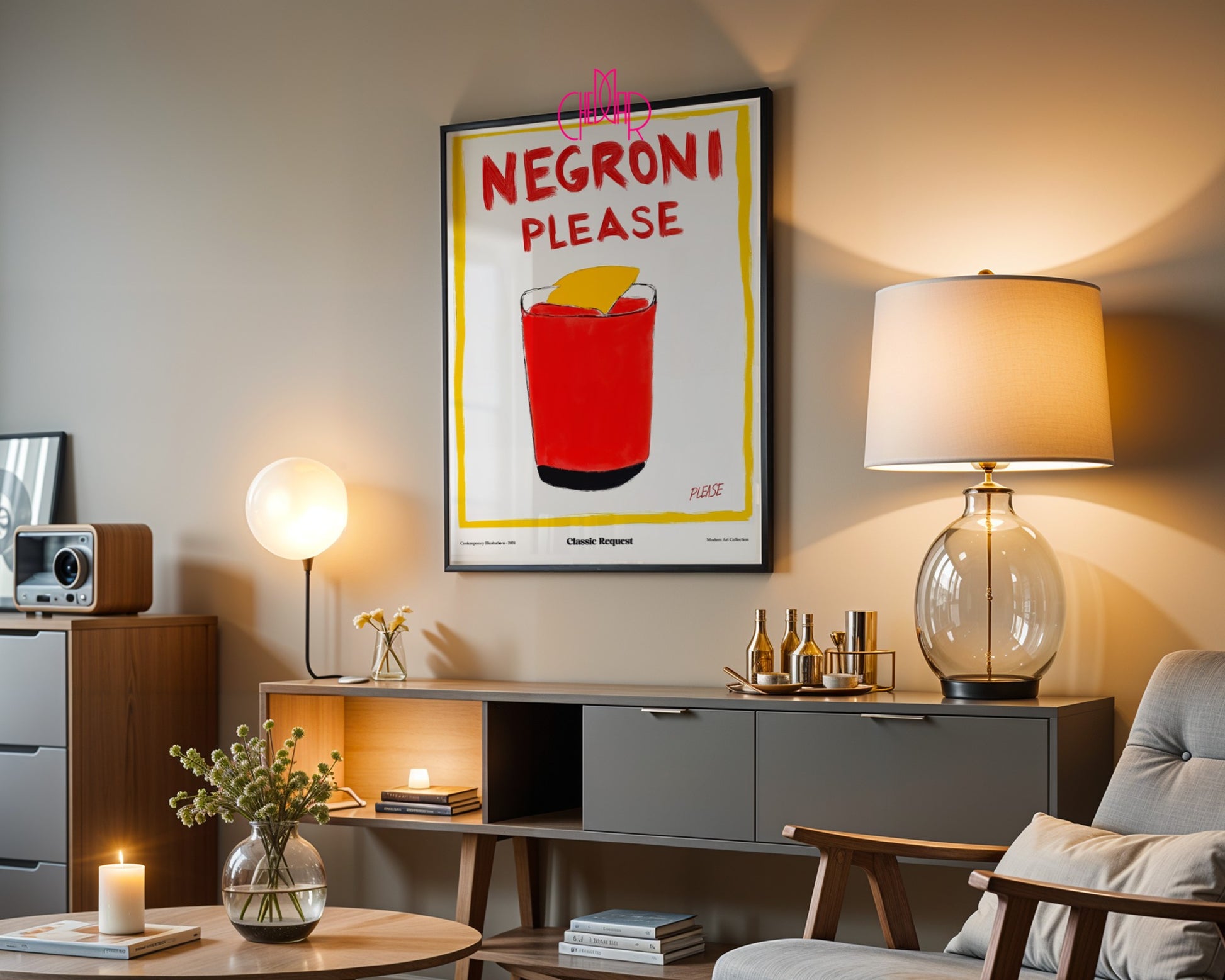 Plakat modernistyczny Negroni Please, klasyczna prośba, współczesność
