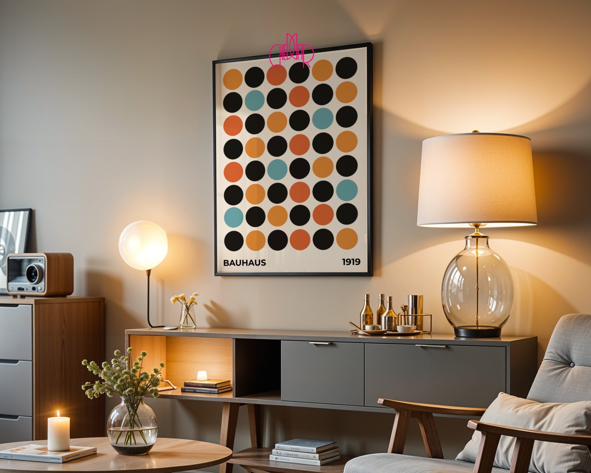 Plakat Bauhaus wystawa 1919, kolorowe kropki na beżowym tle