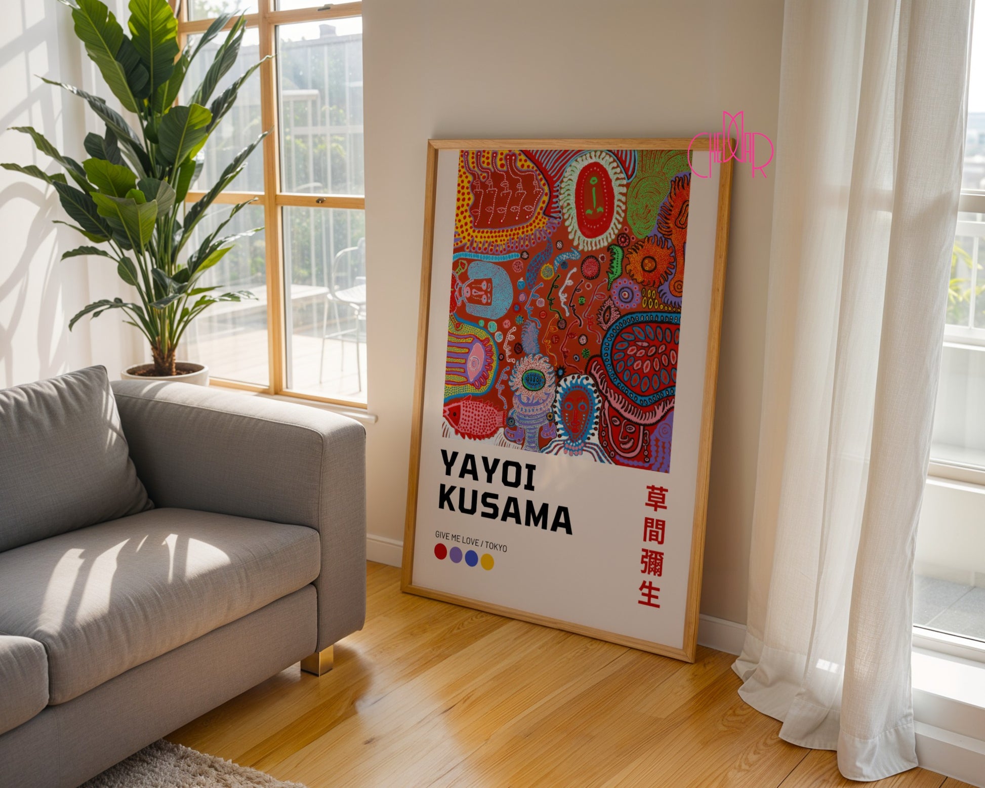 Plakat Yayoi Kusama Give me love Tokyo, kolorowe kształty, geometria