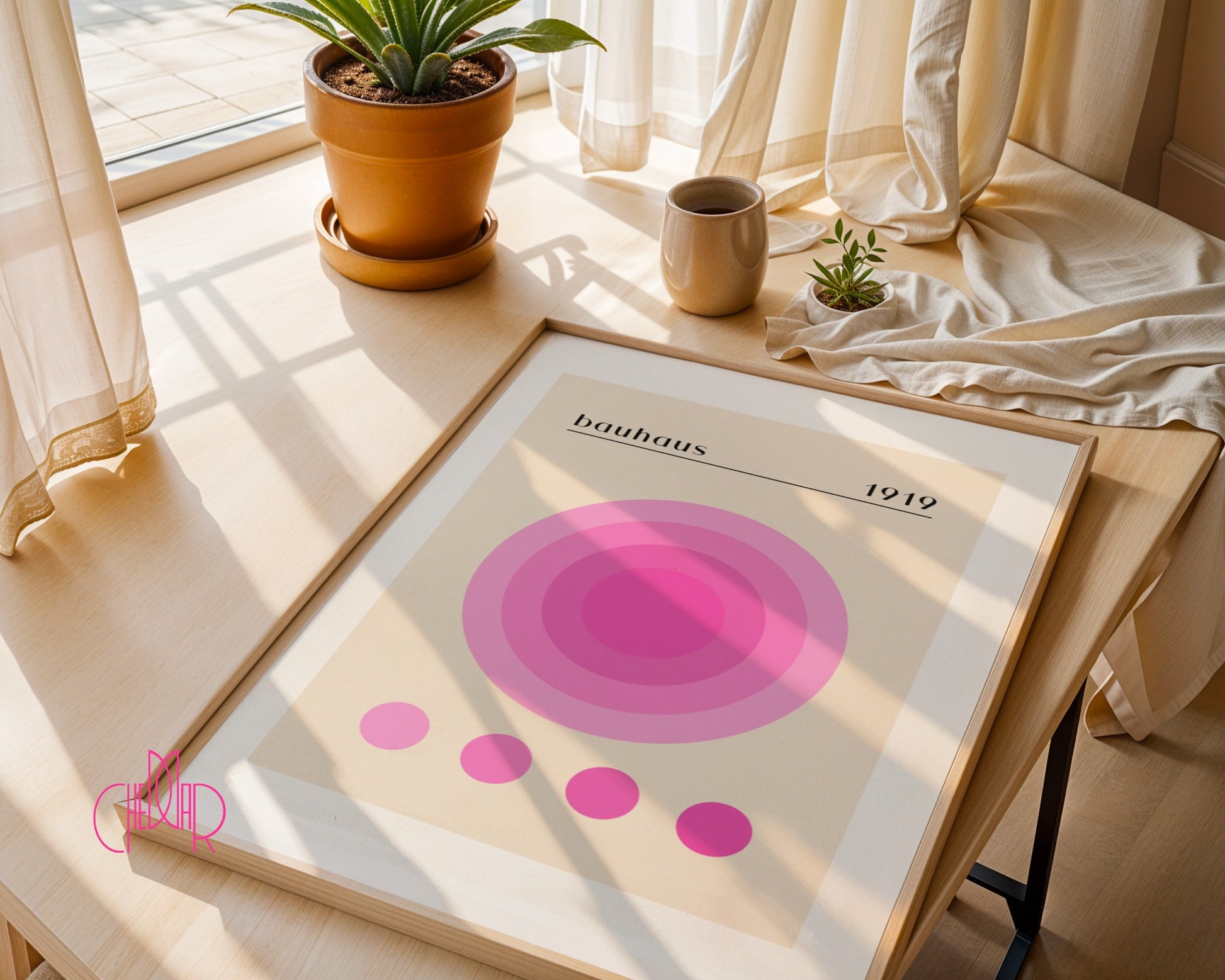 Plakat Bauhaus różowe koło energii na beżowym tle, retro