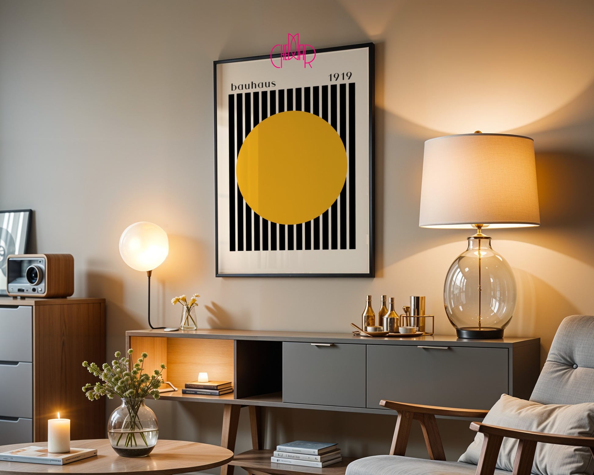 Plakat Bauhaus pomarańczowa kropka z czarno-beżowymi paskami