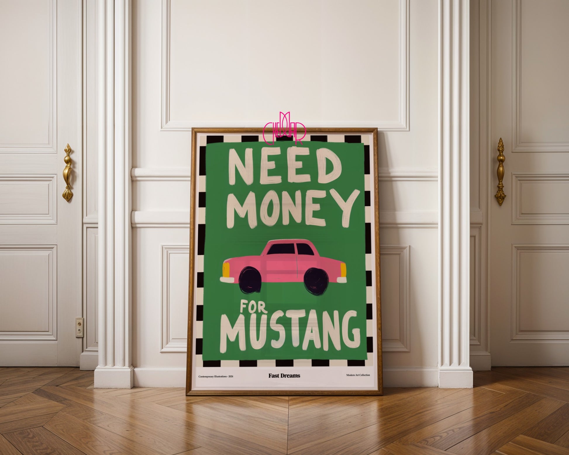 Plakat Need Money For Mustang, szybkie marzenia, modernizm