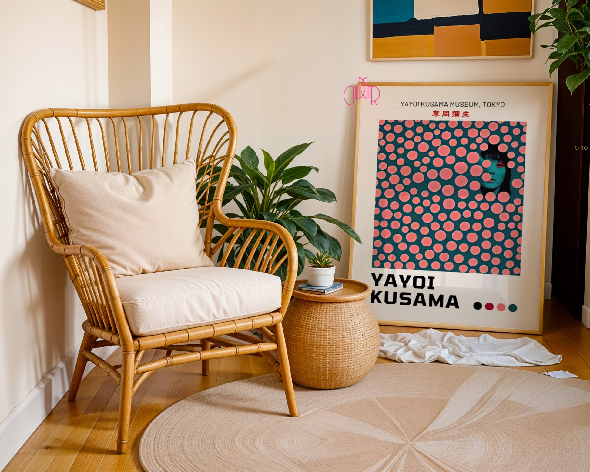 Plakat Yayoi Kusama, modernizm, różowe kropki na zielonym tle, Tokyo