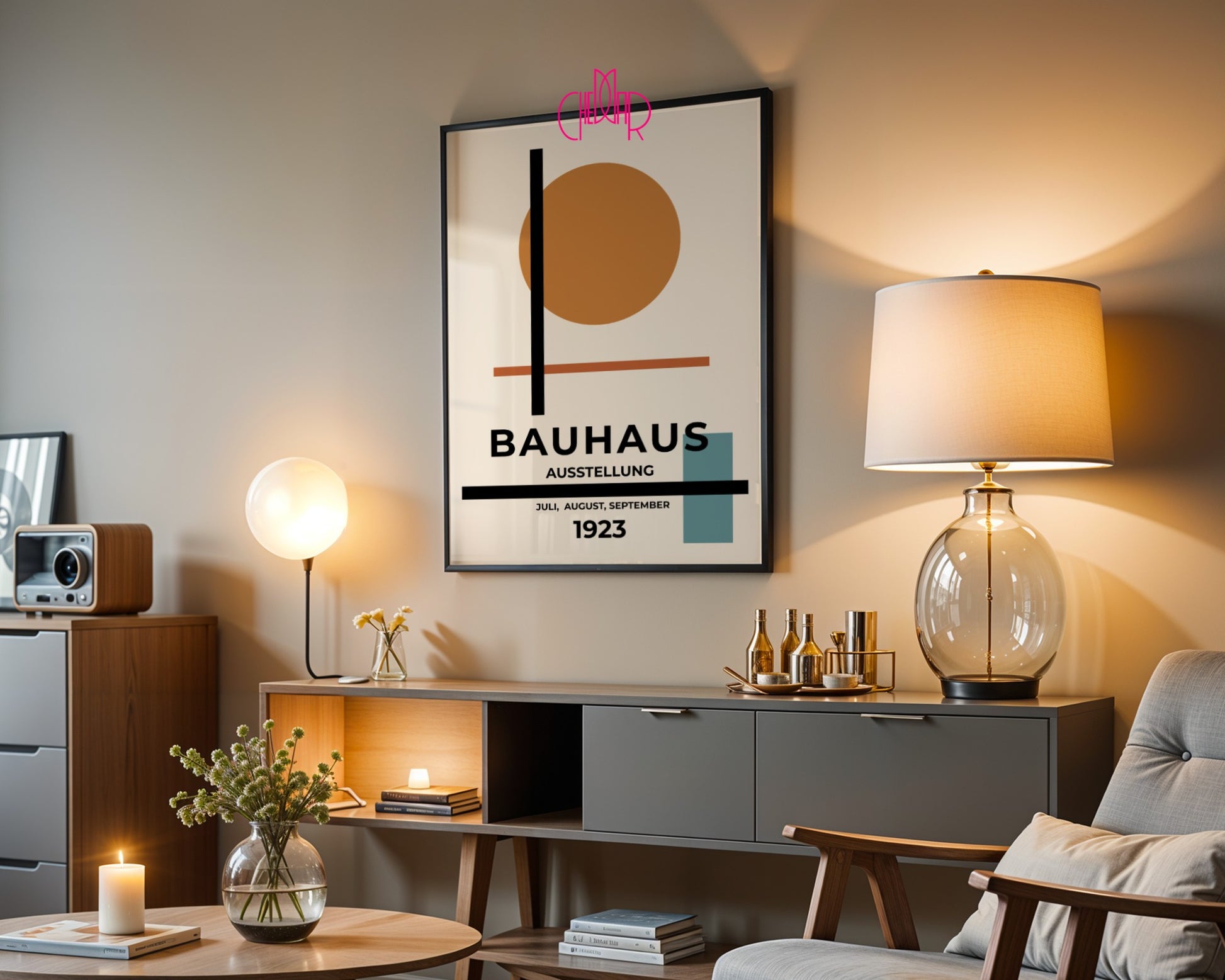 Plakat Bauhaus pomarańczowa kropka na beżowym tle, modernizm