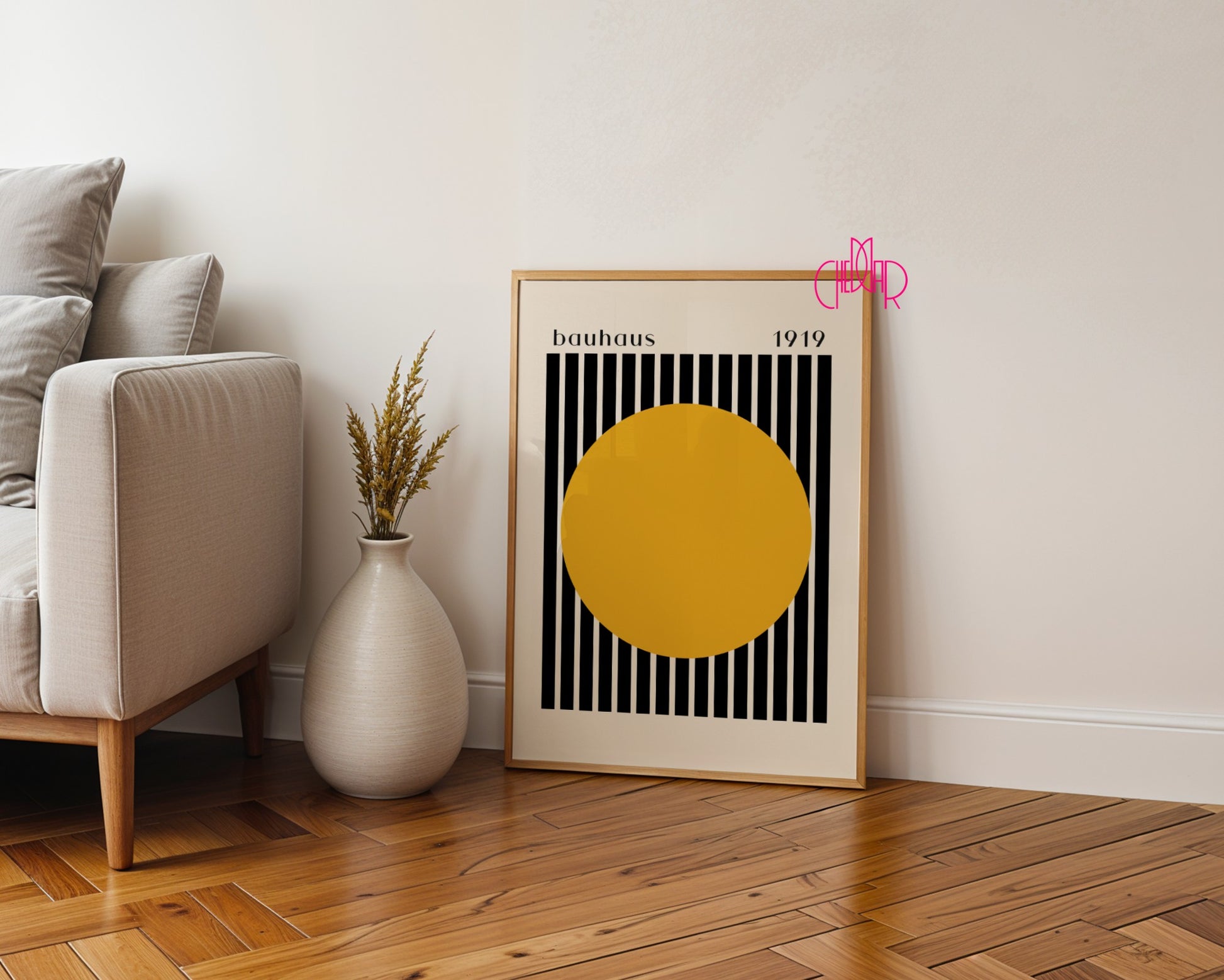 Plakat Bauhaus pomarańczowa kropka z czarno-beżowymi paskami