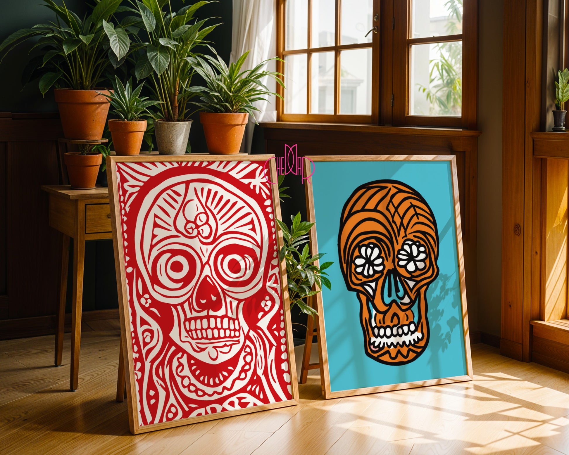 Plakat ikony kultury meksykańskiej, czaszki na dzień zmarłych, Meksyk