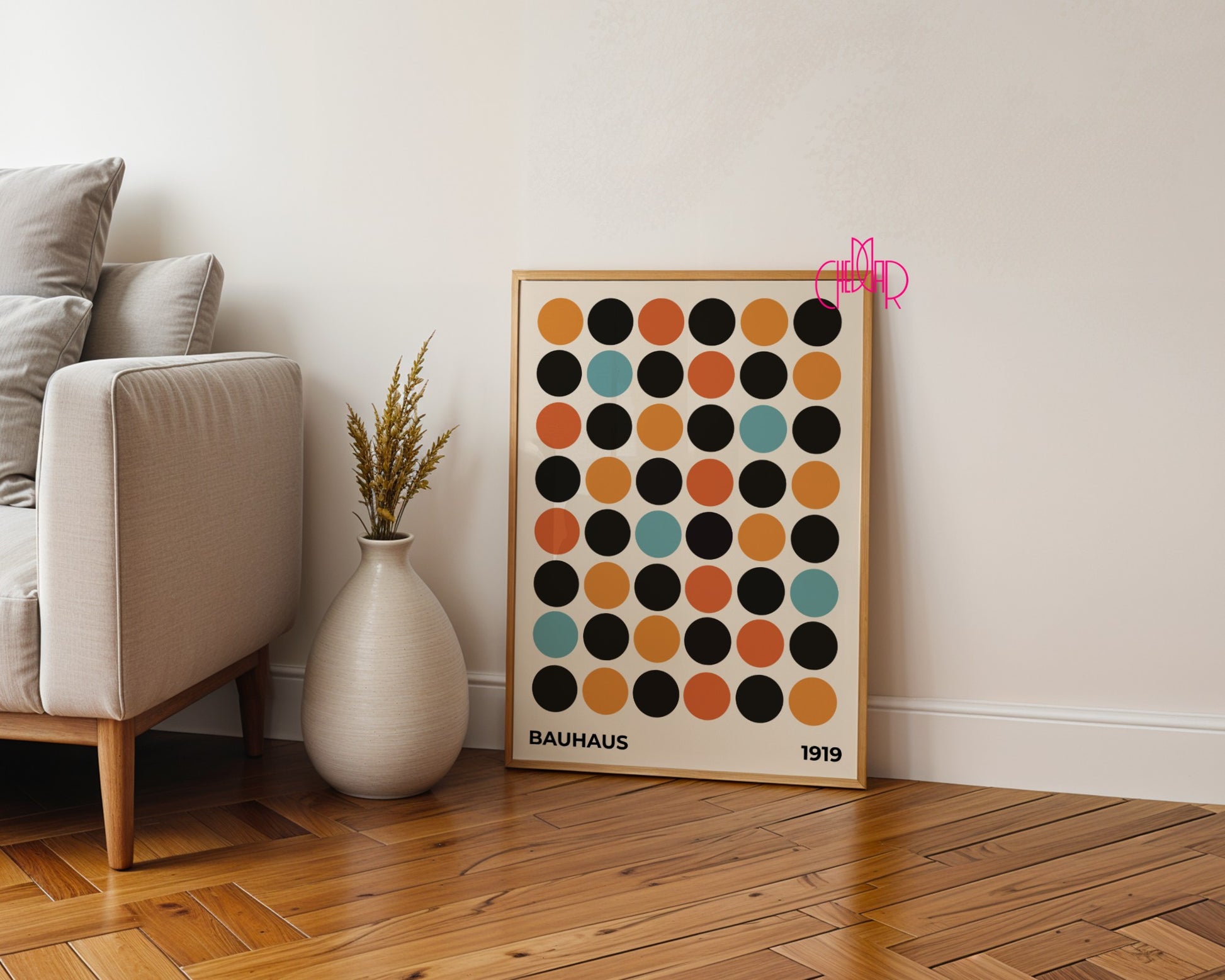 Plakat Bauhaus wystawa 1919, kolorowe kropki na beżowym tle