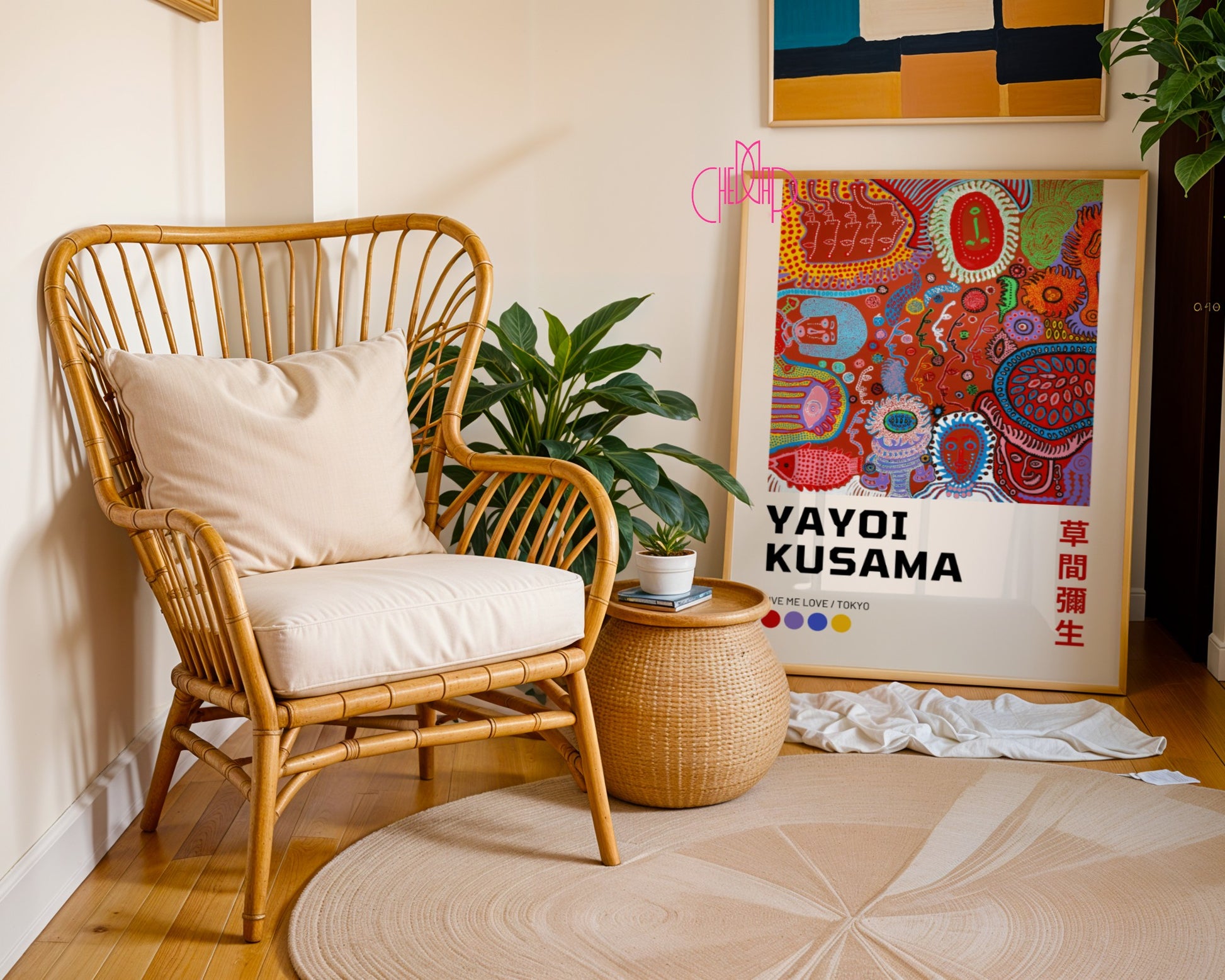 Plakat Yayoi Kusama Give me love Tokyo, kolorowe kształty, geometria