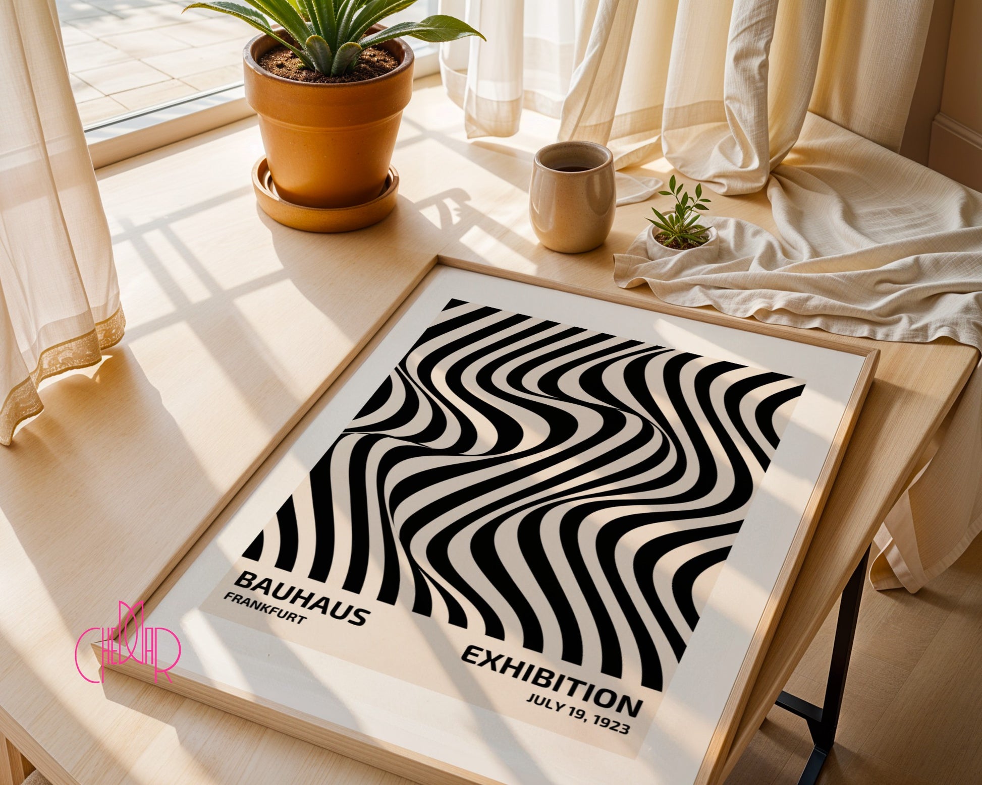 Plakat Bauhaus – Czarne abstrakcyjne linie na beżowym tle, wystawa 1919