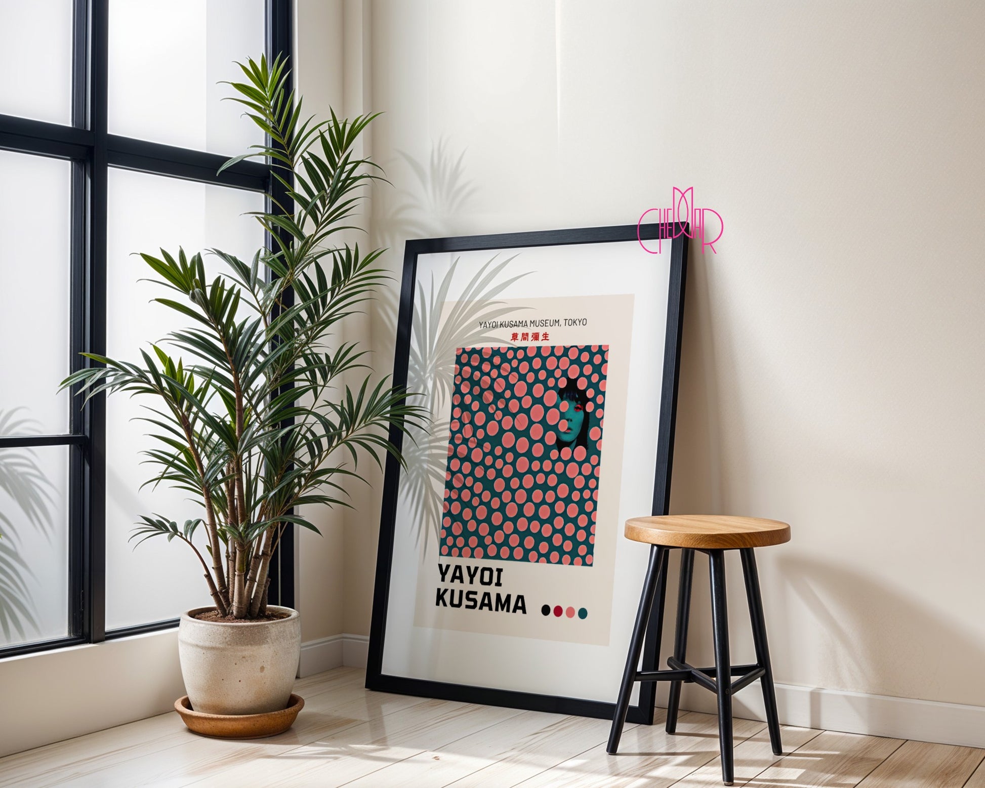 Plakat Yayoi Kusama, modernizm, różowe kropki na zielonym tle, Tokyo