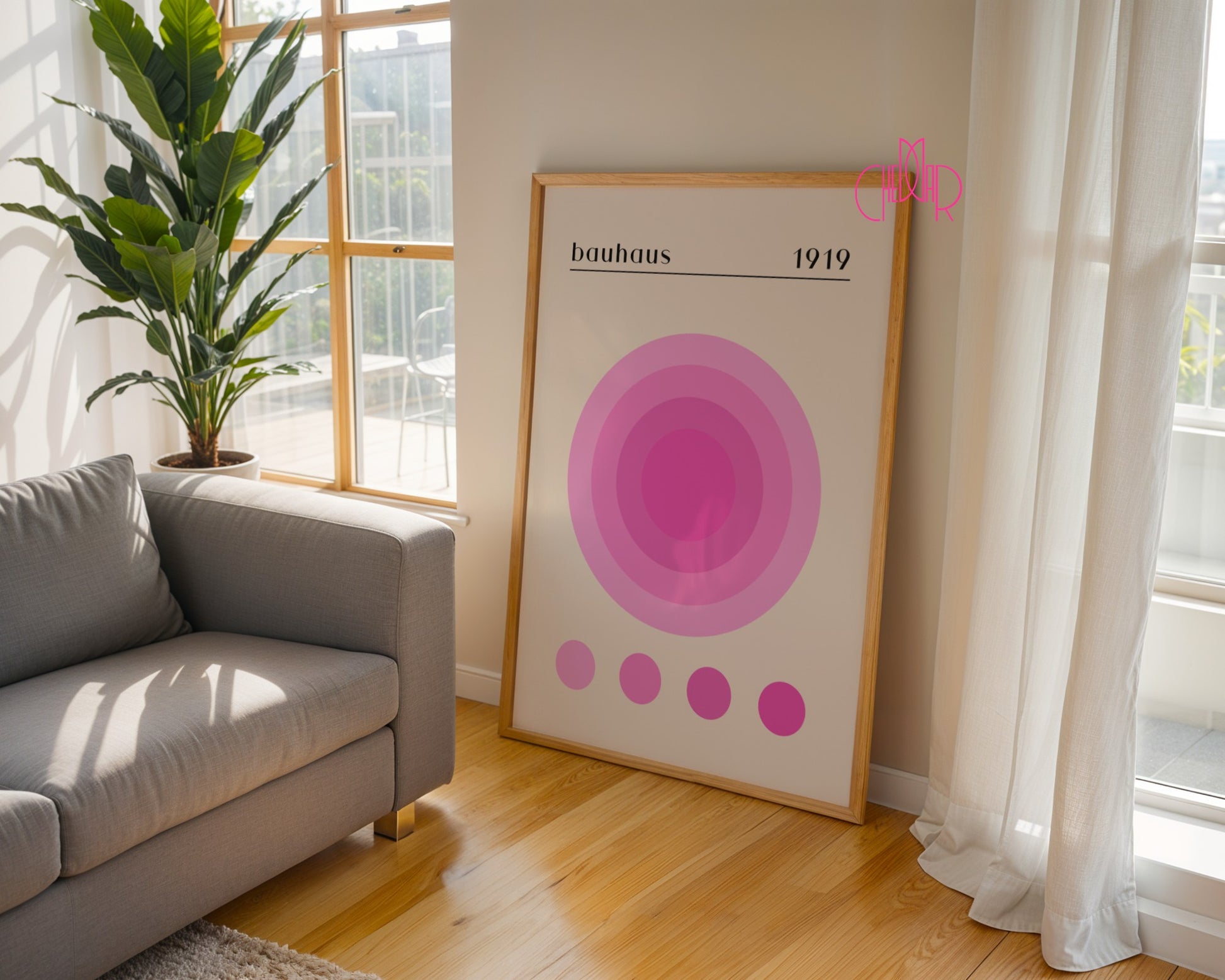 Plakat Bauhaus różowe koło energii na beżowym tle, retro