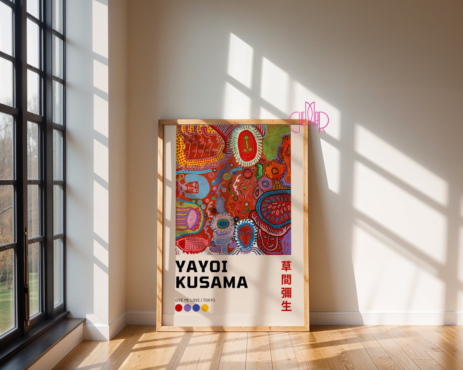 Plakat Yayoi Kusama Give me love Tokyo, kolorowe kształty, geometria