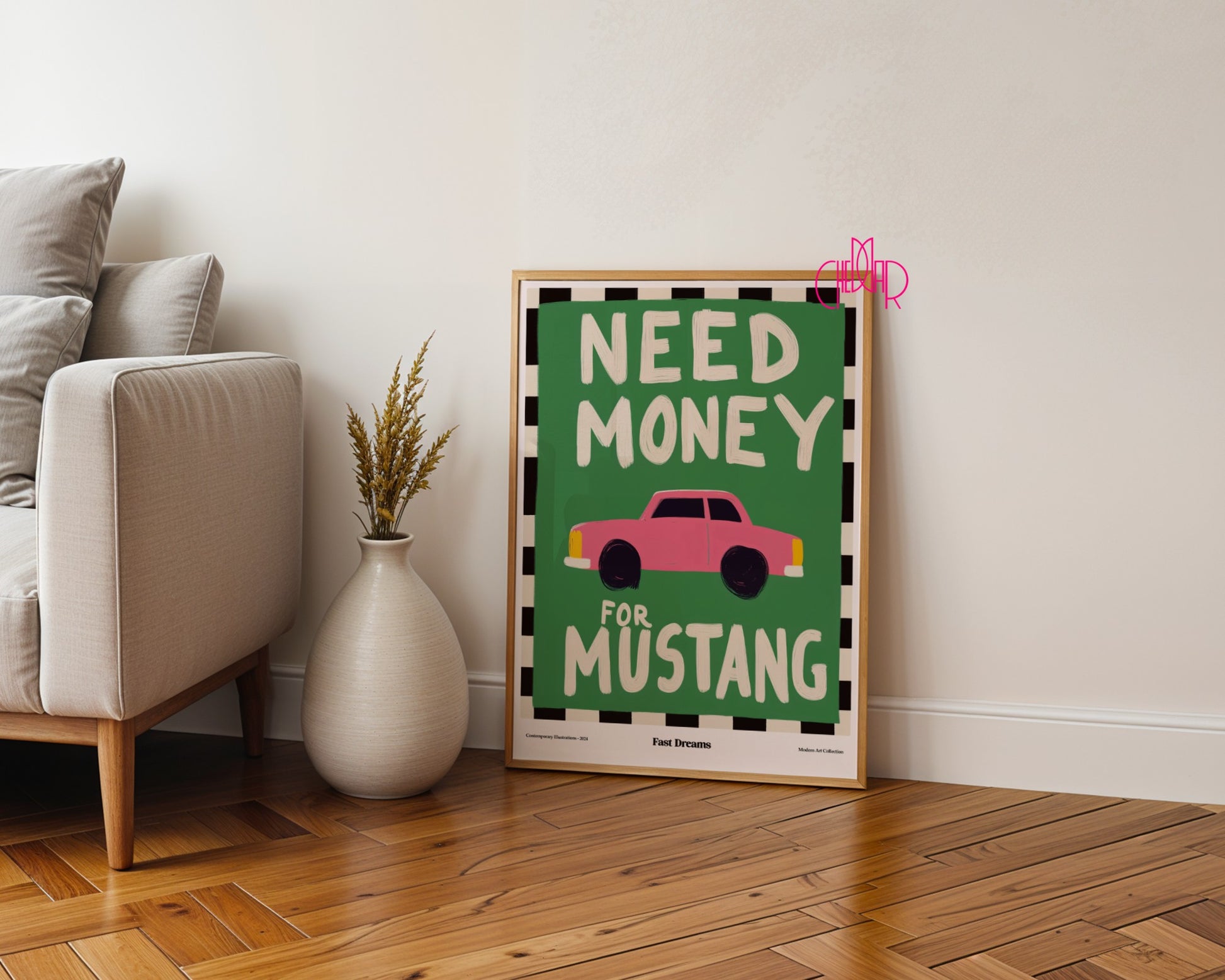 Plakat Need Money For Mustang, szybkie marzenia, modernizm