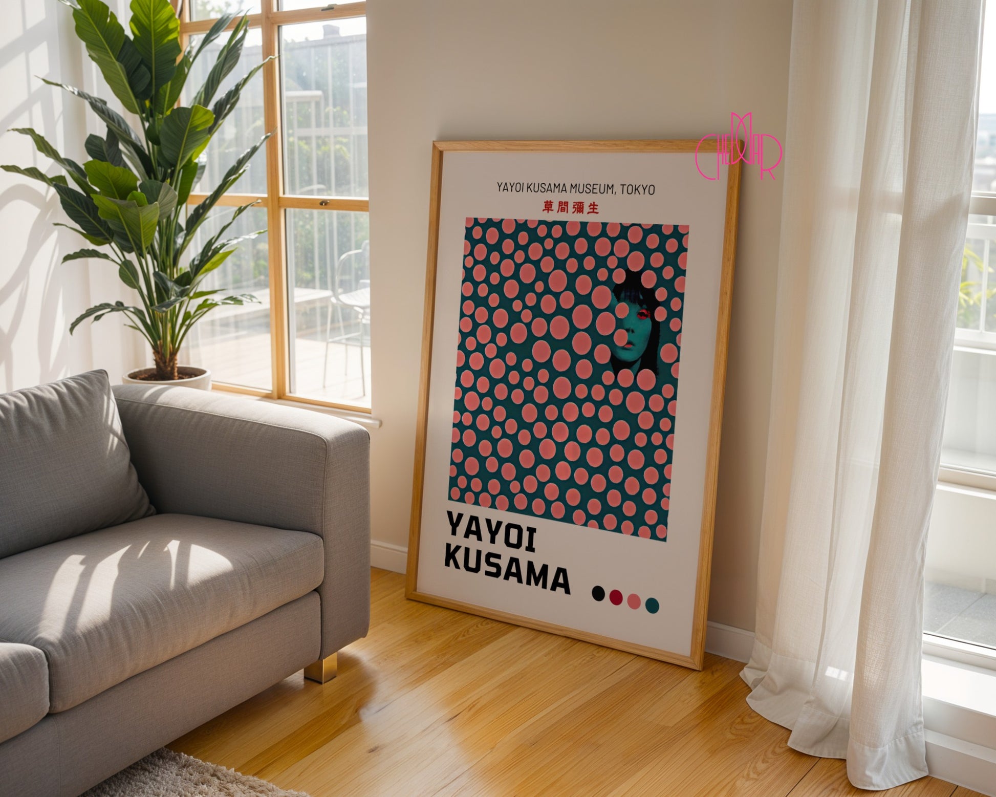 Plakat Yayoi Kusama, modernizm, różowe kropki na zielonym tle, Tokyo