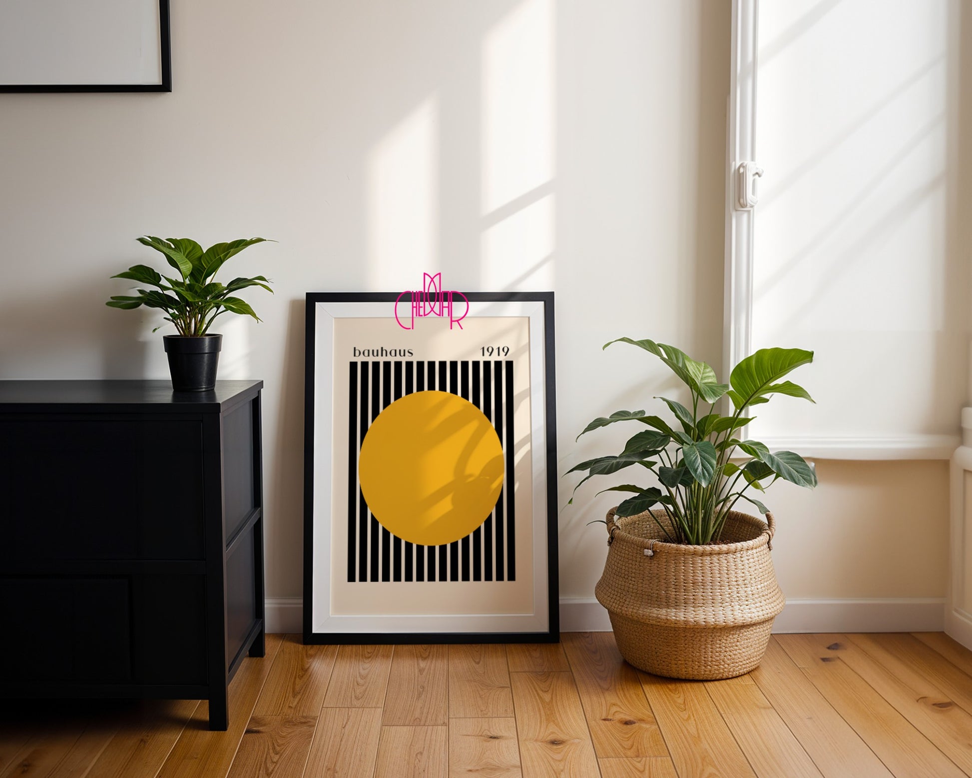 Plakat Bauhaus pomarańczowa kropka z czarno-beżowymi paskami