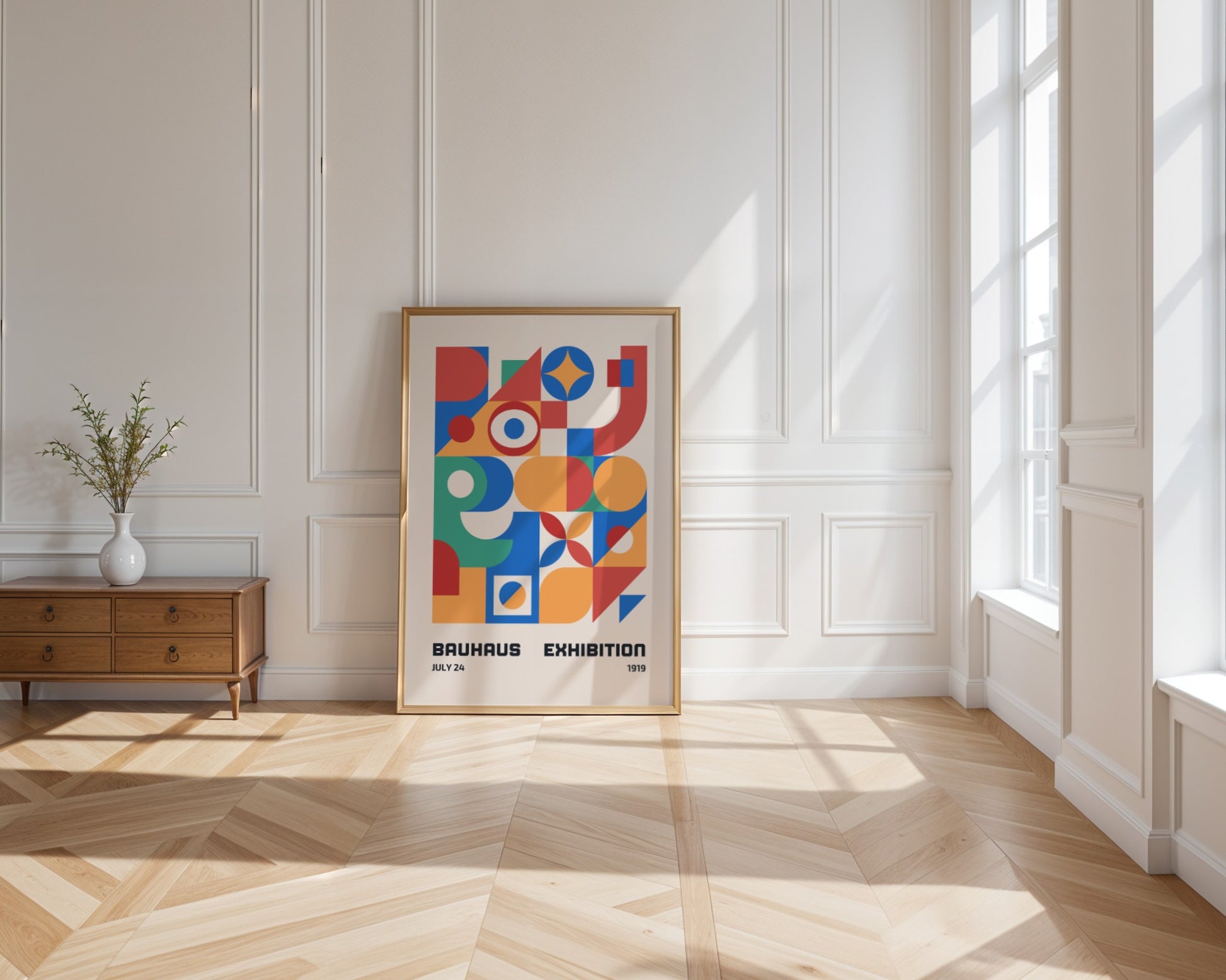 Plakat Bauhaus – Kolorowe abstrakcyjne kształty na beżowym tle, wystawa 1919