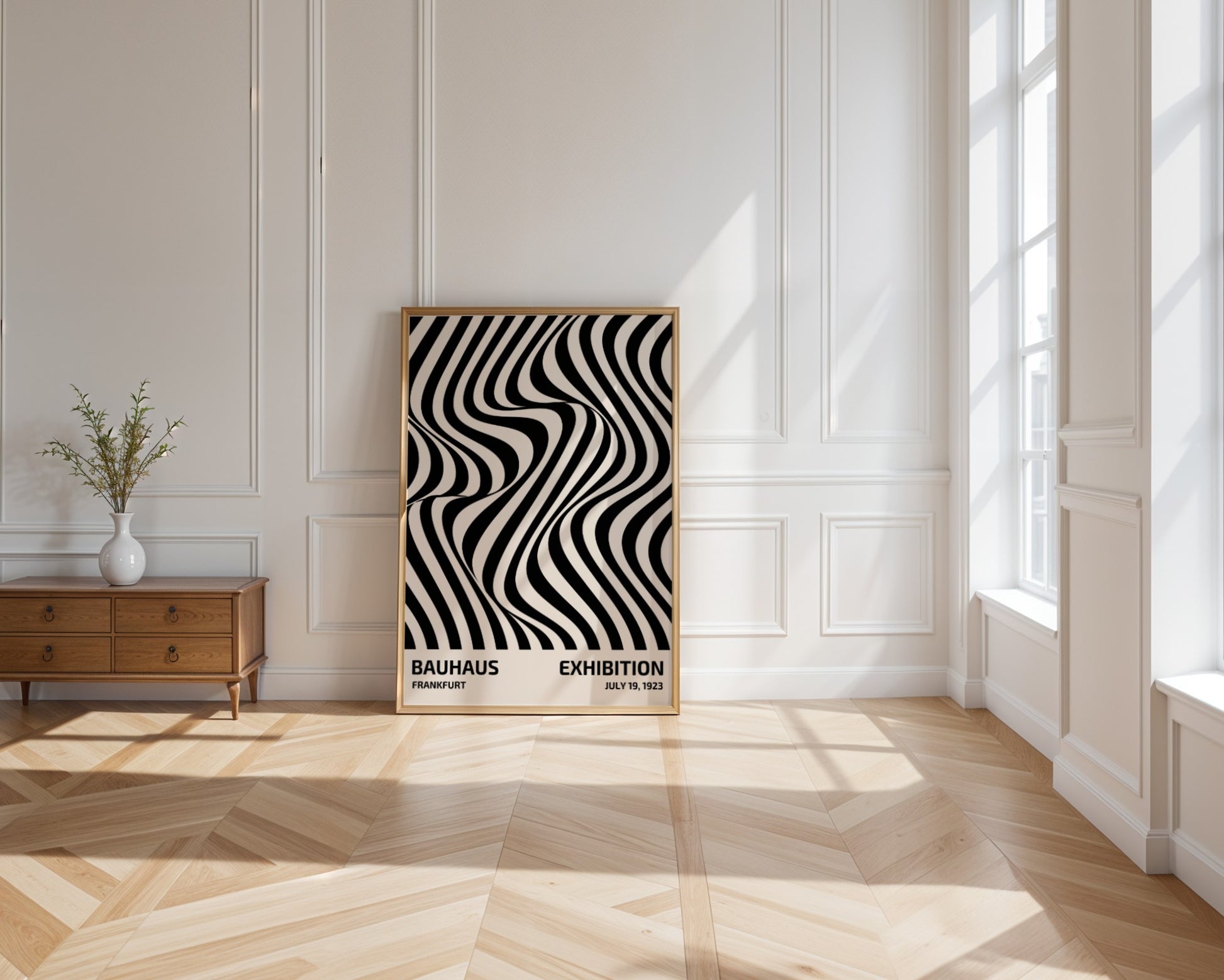 Plakat Bauhaus – Czarne abstrakcyjne linie na beżowym tle, wystawa 1919