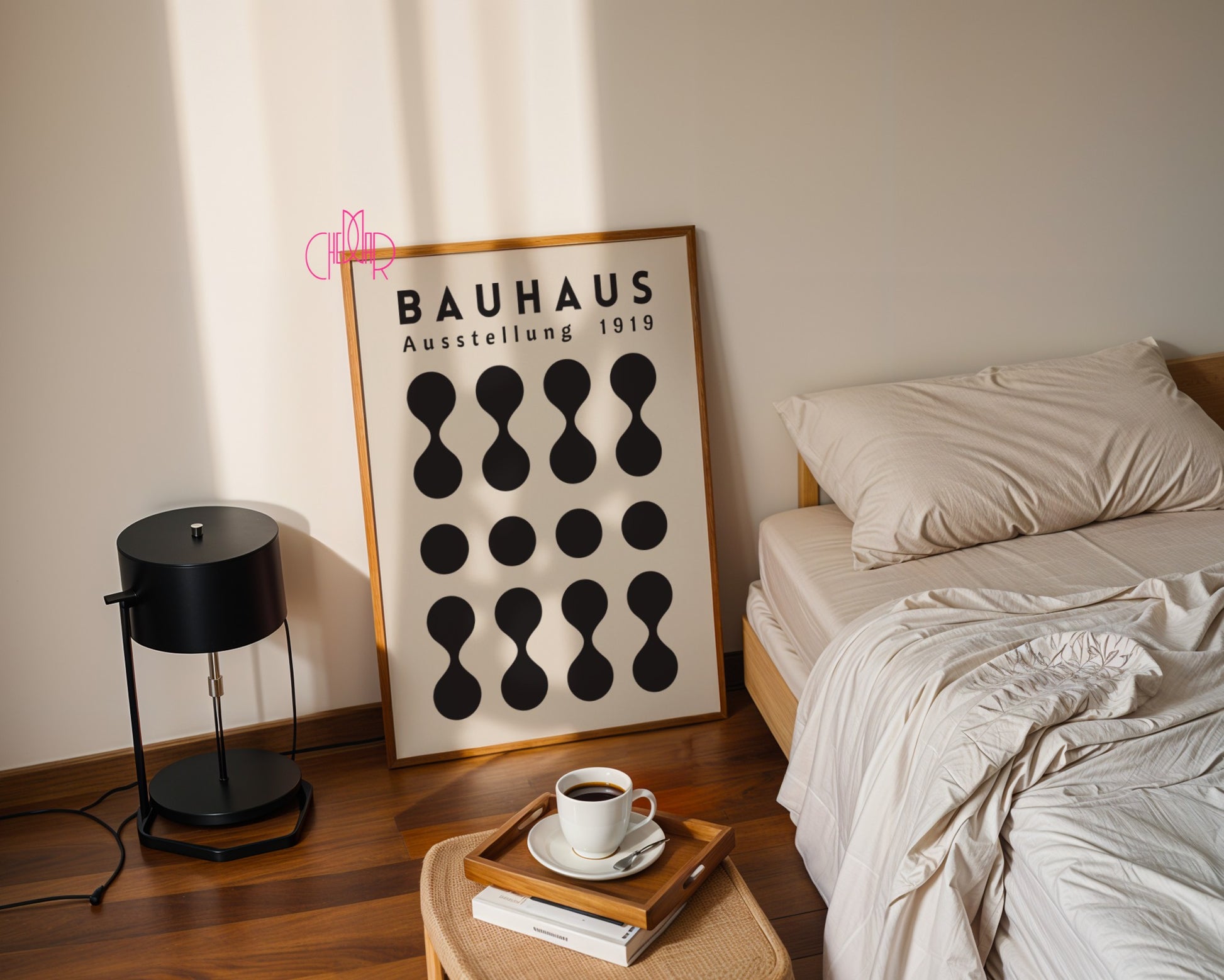 Plakat Bauhaus – Czarne kropki na beżowym tle, wystawa 1919