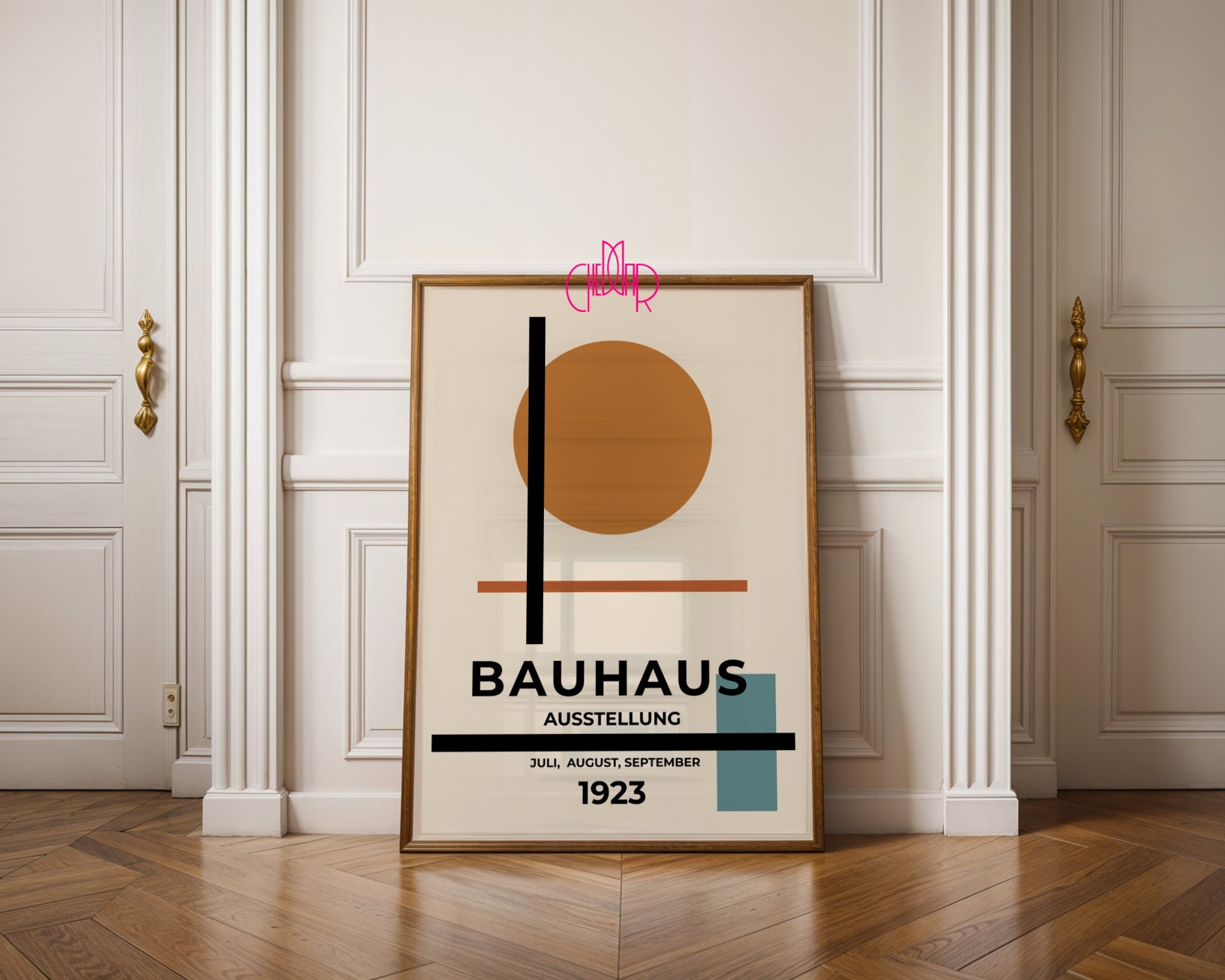 Plakat Bauhaus pomarańczowa kropka na beżowym tle, modernizm