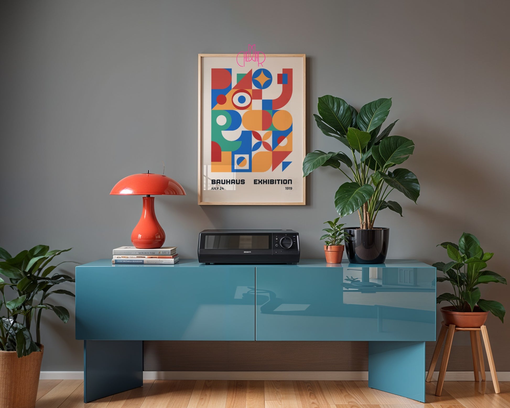 Plakat Bauhaus – Kolorowe abstrakcyjne kształty na beżowym tle, wystawa 1919