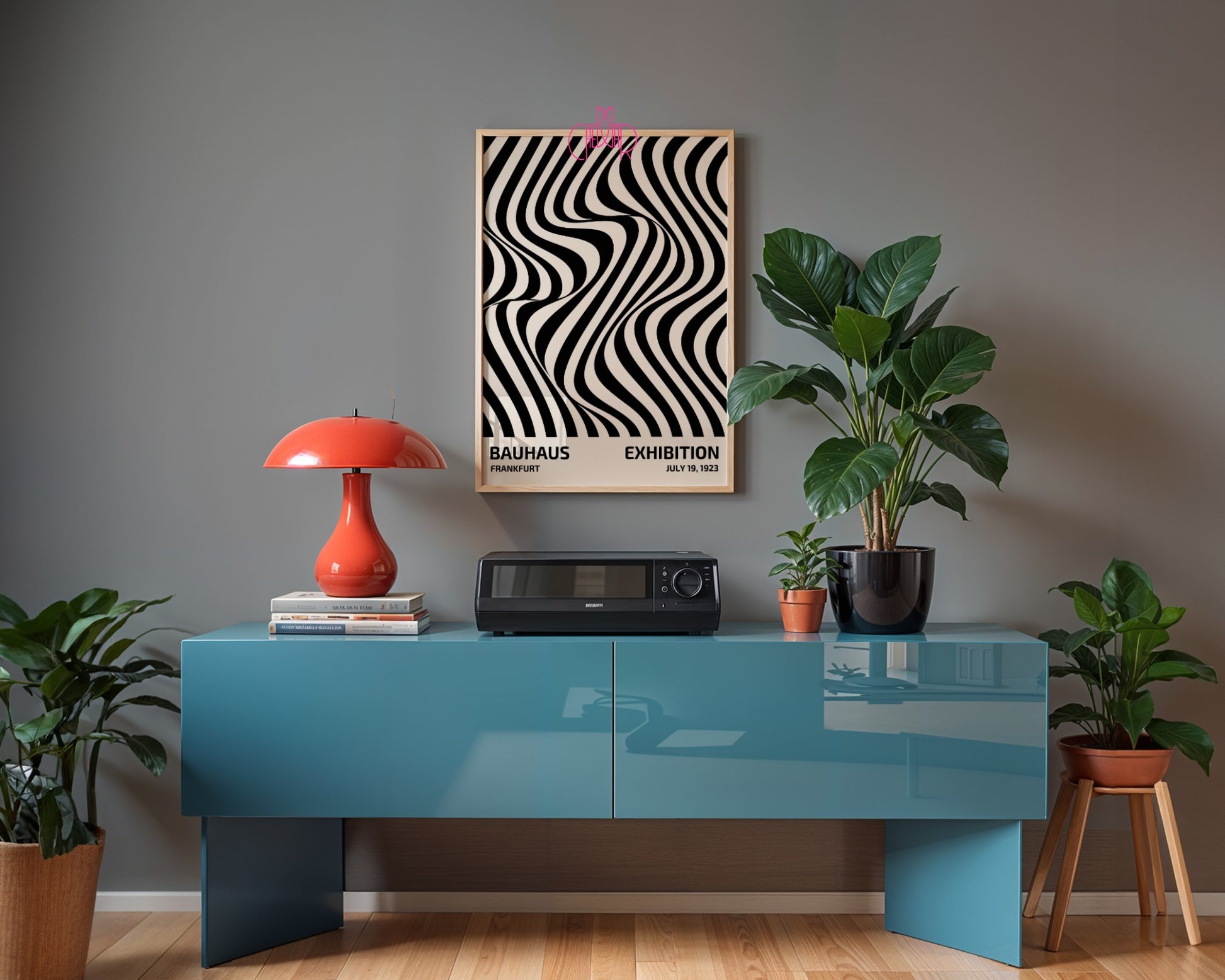 Plakat Bauhaus – Czarne abstrakcyjne linie na beżowym tle, wystawa 1919