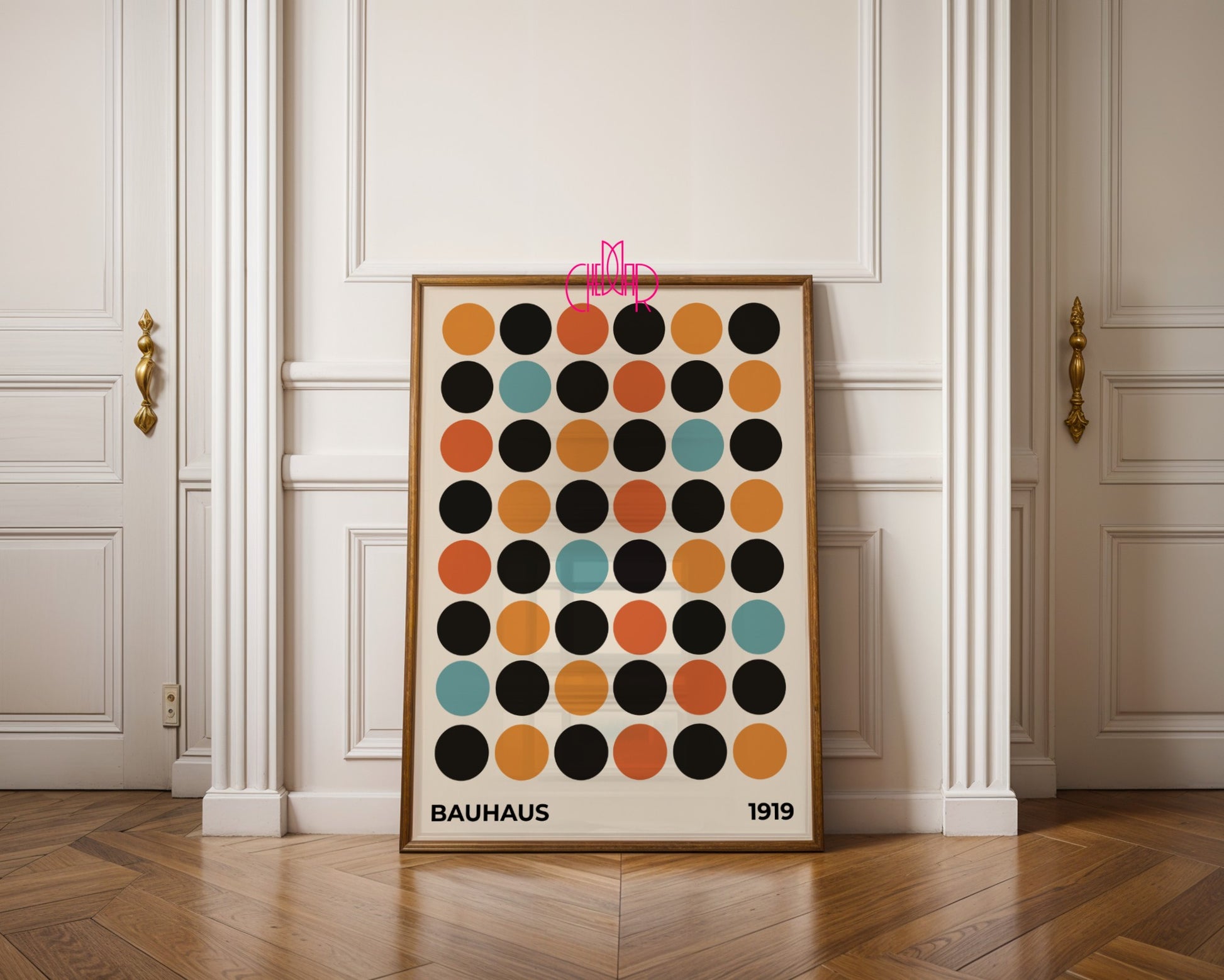 Plakat Bauhaus wystawa 1919, kolorowe kropki na beżowym tle