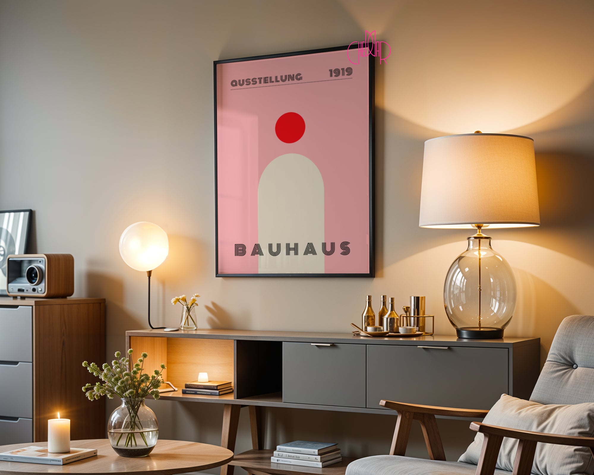 Plakat Bauhaus modern, kropka z kształtem na pudrowo-różowym tle