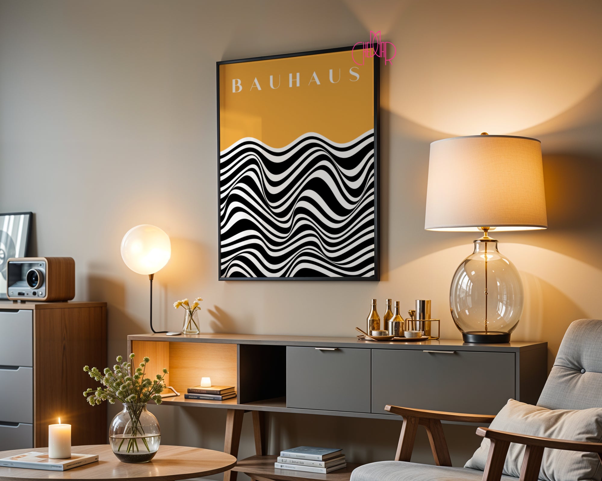 Plakat Bauhaus czarne abstrakcyjne linie z pomarańczowym tłem