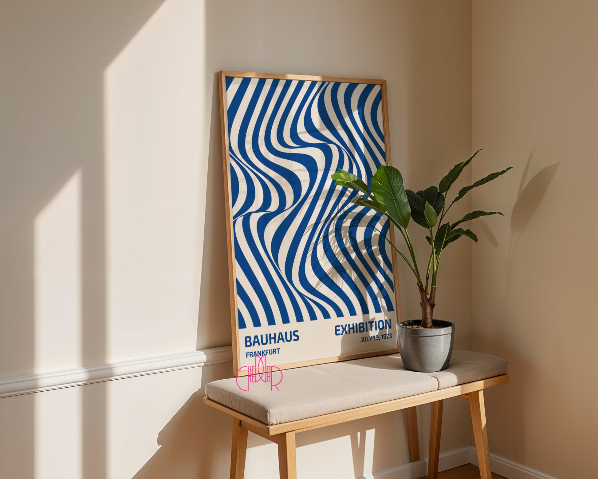 Plakat Bauhaus niebieskie abstrakcyjne linie na beżowym tle