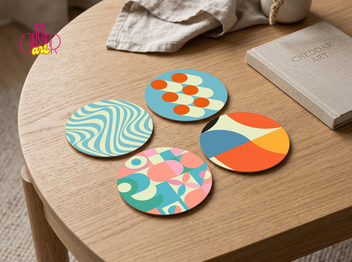 Zestaw Podkładek pod Kubki Bauhaus Modern — 4 Różne Wzory Geometric | Cheddar Art