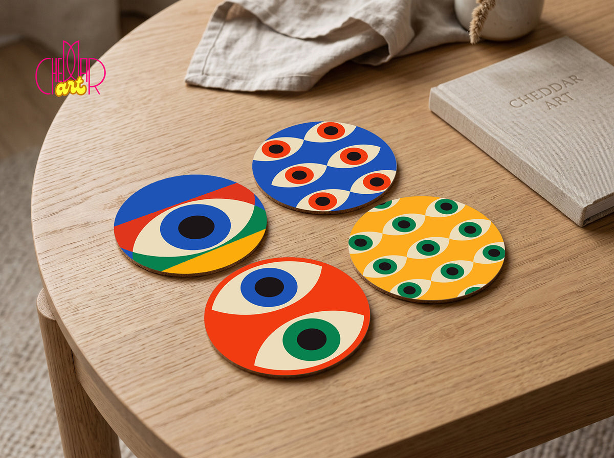 Zestaw Podkładek pod Kubki Bauhaus Eyes — 4 Różne Wzory Geometric | Cheddar Art