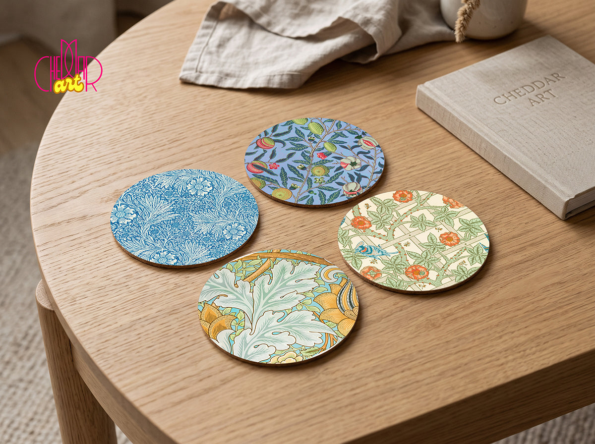 Zestaw Podkładek pod Kubki William Morris Floral — 4 Różne Wzory Botaniczne | Cheddar Art