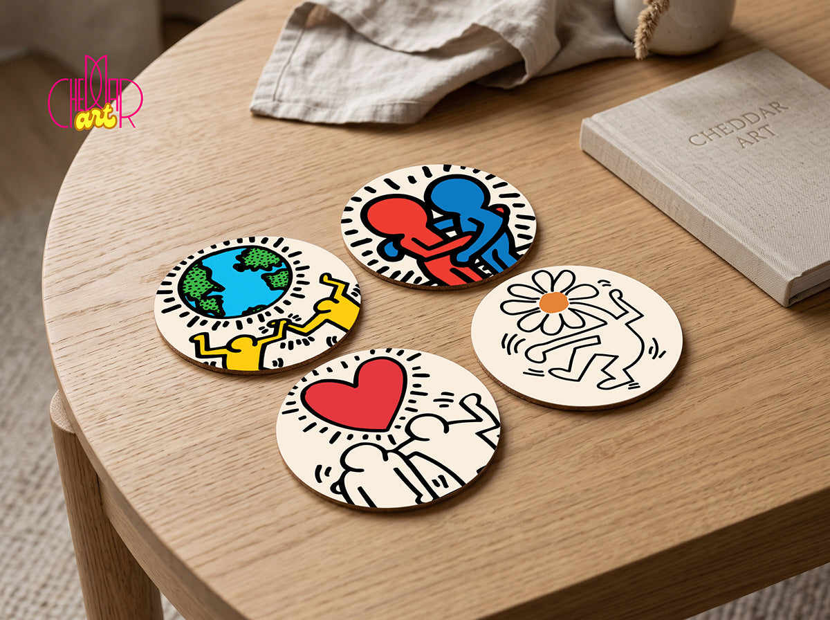 Zestaw Podkładek pod Kubki Keith Haring Pop Art — 4 Różne Wzory | Cheddar Art