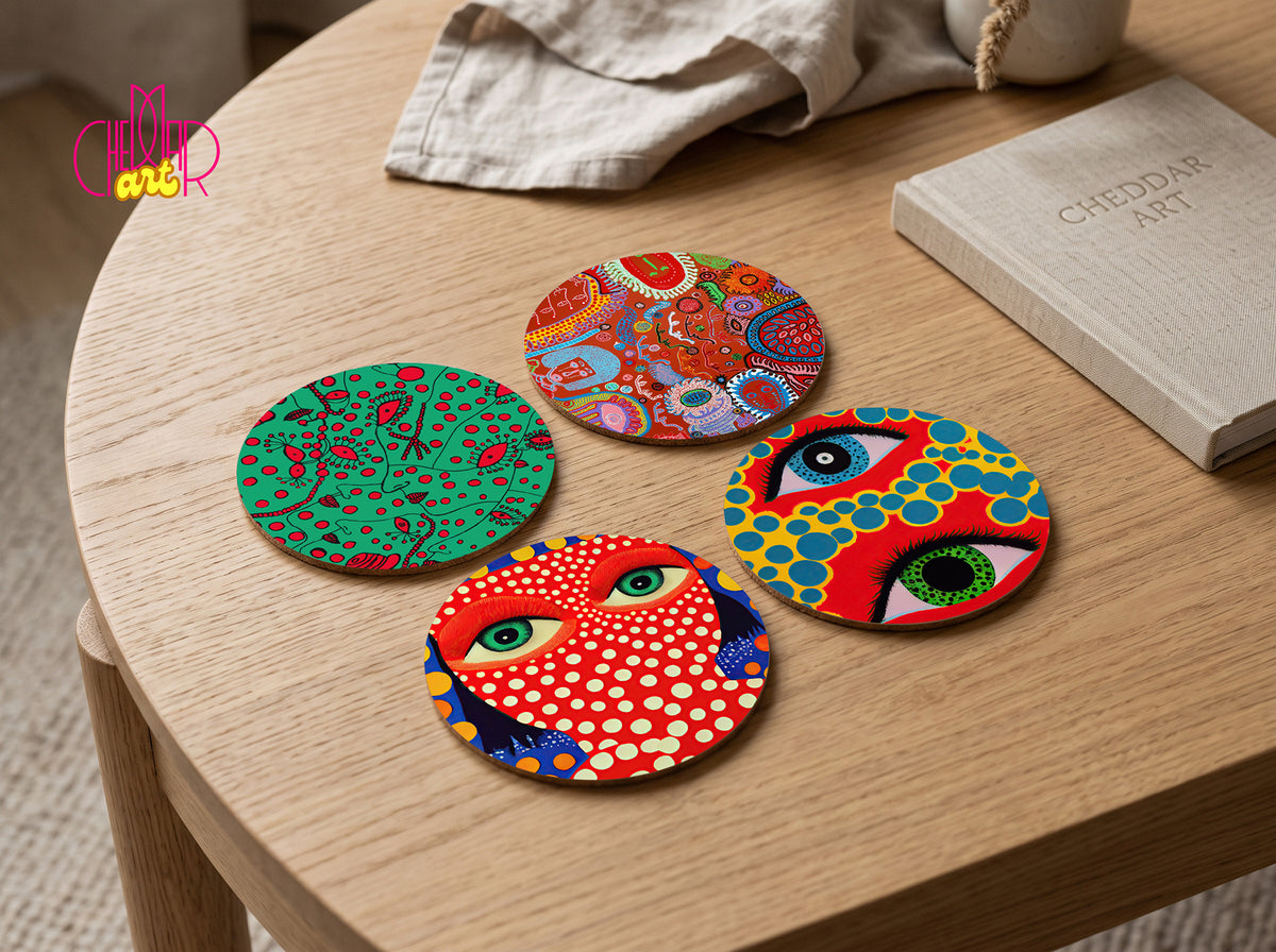 Zestaw Podkładek pod Kubki Yayoi Kusama Pop Art — 4 Różne Wzory Polka Dot | Cheddar Art