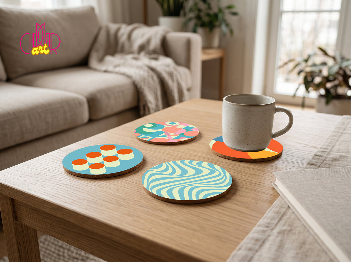 Zestaw Podkładek pod Kubki Bauhaus Modern — 4 Różne Wzory Geometric | Cheddar Art