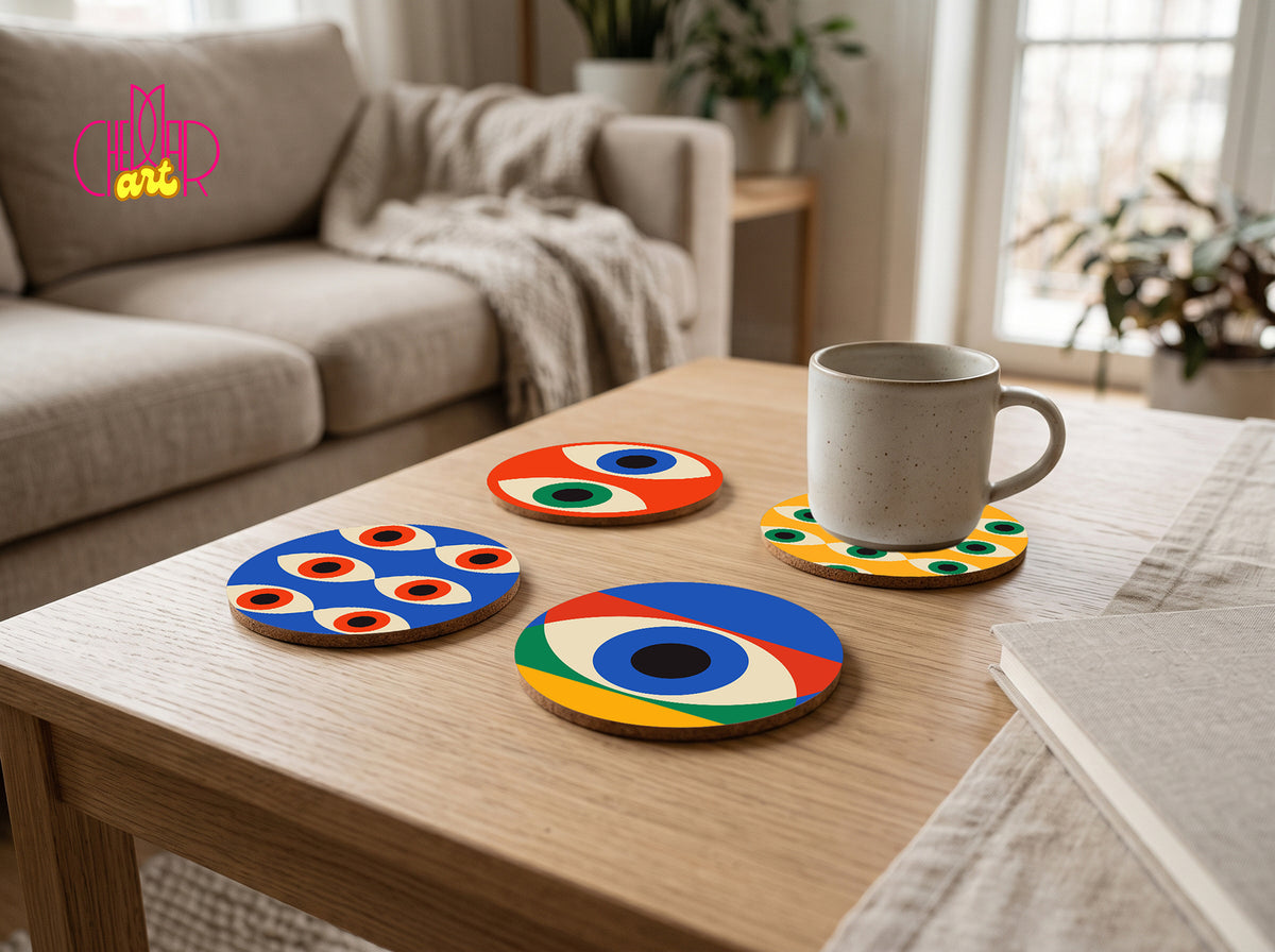 Zestaw Podkładek pod Kubki Bauhaus Eyes — 4 Różne Wzory Geometric | Cheddar Art