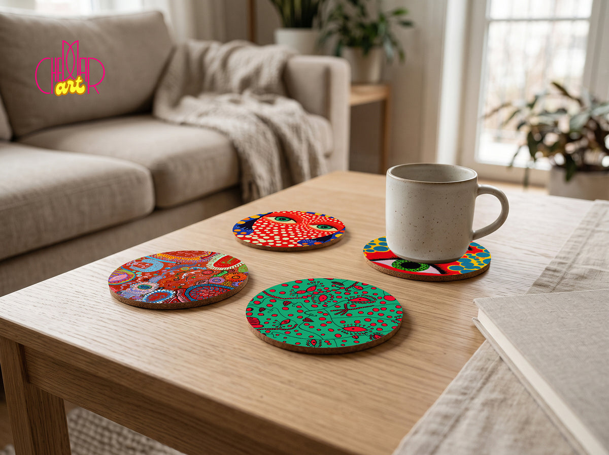 Zestaw Podkładek pod Kubki Yayoi Kusama Pop Art — 4 Różne Wzory Polka Dot | Cheddar Art