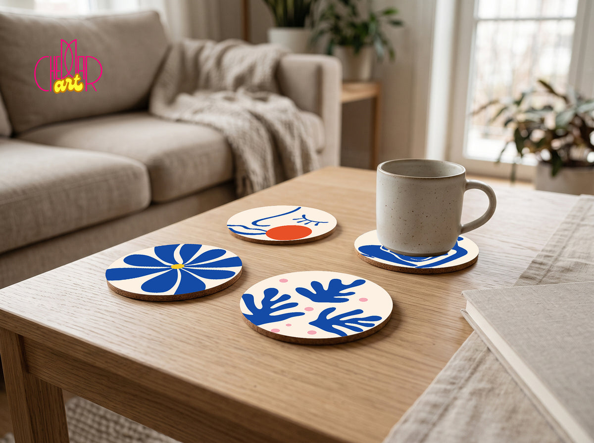 Zestaw Podkładek pod Kubki Henri Matisse Blue Cut-Outs — 4 Różne Wzory | Cheddar Art