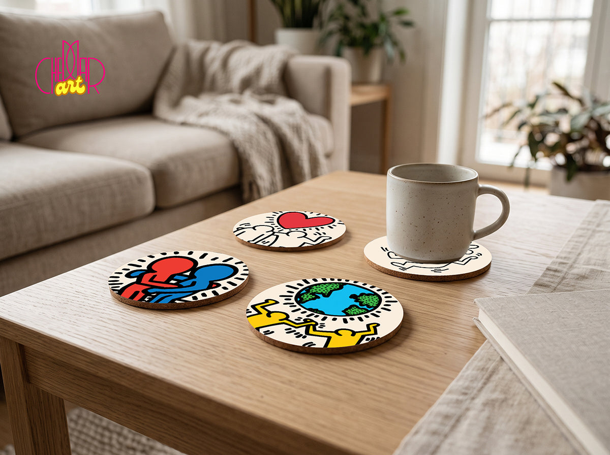 Zestaw Podkładek pod Kubki Keith Haring Pop Art — 4 Różne Wzory | Cheddar Art